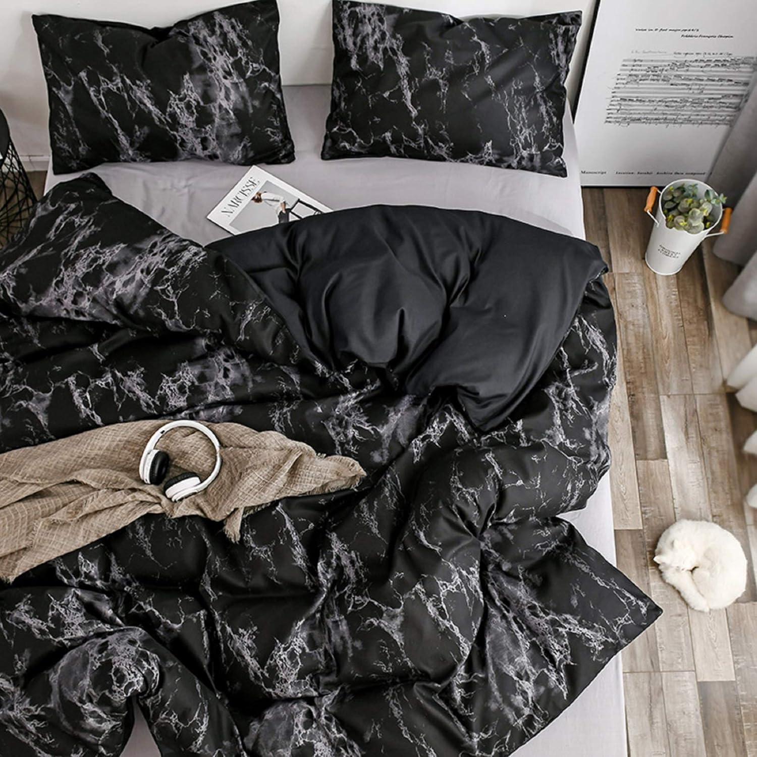 Duvet Cover Queen, Black Duvet Cover Set with Soft and Warm 100% Washed Microfiber, Also as Marble Comforter Cover or Quilt Cover, 3 Piece Bedding Set with Zipper - 90×90 inches (Queen/Full) : Home & Kitchen