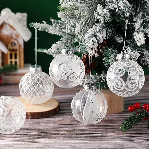 Miniatura 4 de Poen 24 adornos de bolas transparentes para árbol de Navidad de 3.15 pulgadas, decoración de bolas de plástico blanco, adornos colgantes para
