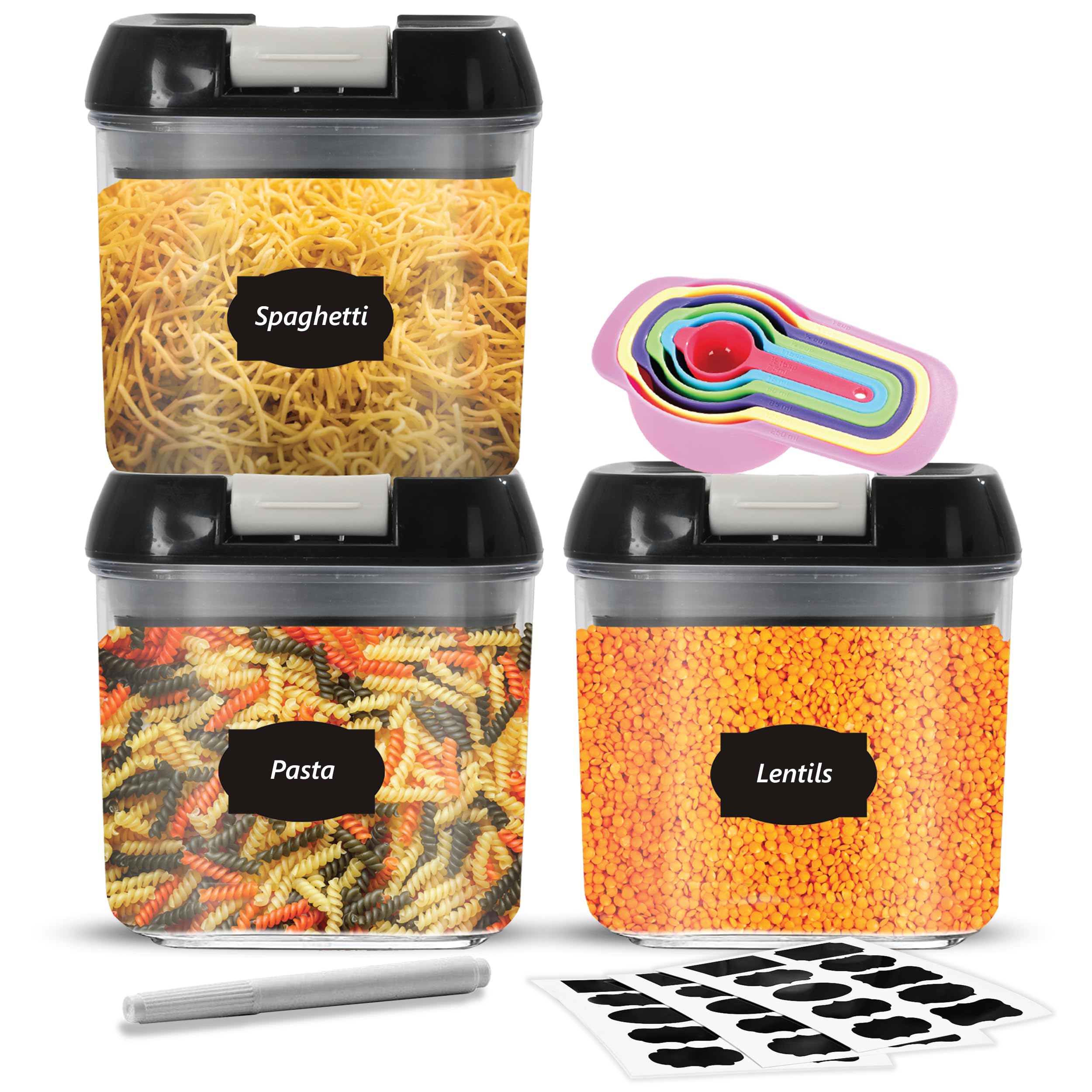 Top 3 Airtight Food Storage Containers – Pack Of 3 x 0.5L Plastic Storage Jars With 1 Marker, 10 Labels and 6 Measuring Spoons – For Flour, Cereals, Grains, Sugar, Nuts, Pasta etc (Pack of 3 x0.5L)
