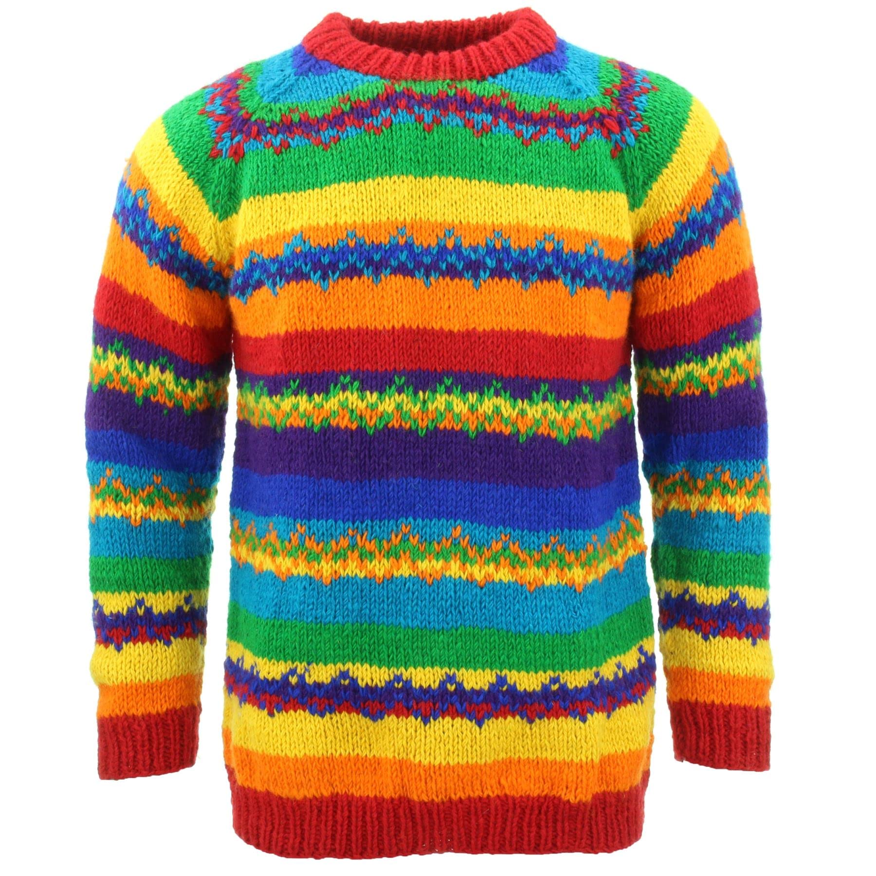 Loudelephant Unisex Stripe Rainbow Zig Zag Hand Knitted Wool Jumper - (Small)