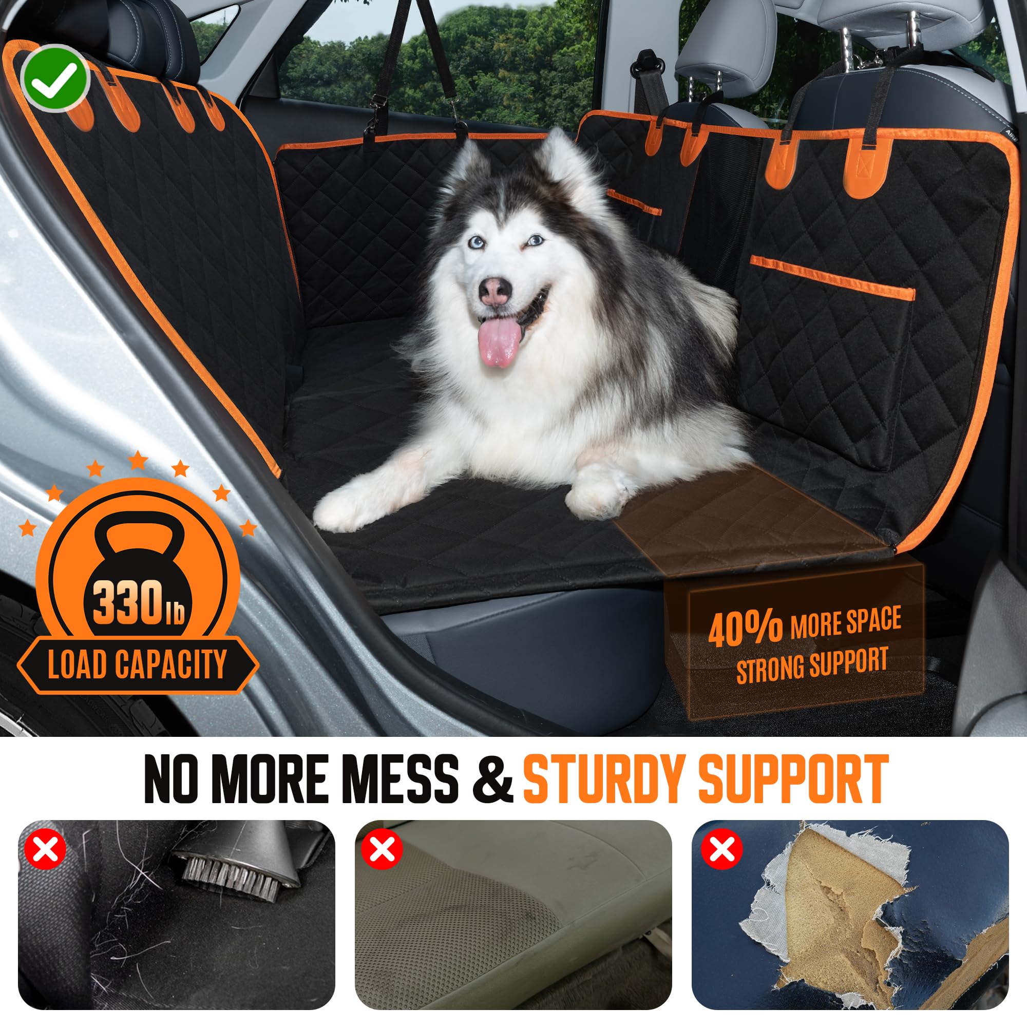 Fuzzaroo Dog Car Seat Cover with Hard Bottom & Back Seat Extender for Medium/Large Dogs, Backseat Protector with Mesh Window, Waterproof, Scratch-Resistant, with Seat Belt & Toys - Black/Orange