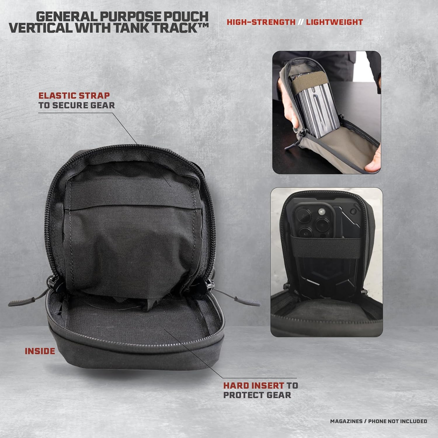 Tactical MOLLE General Purpose Pouch, Vertical Tank Track Design, Military Grade Laminate, 6x4x2 Inch