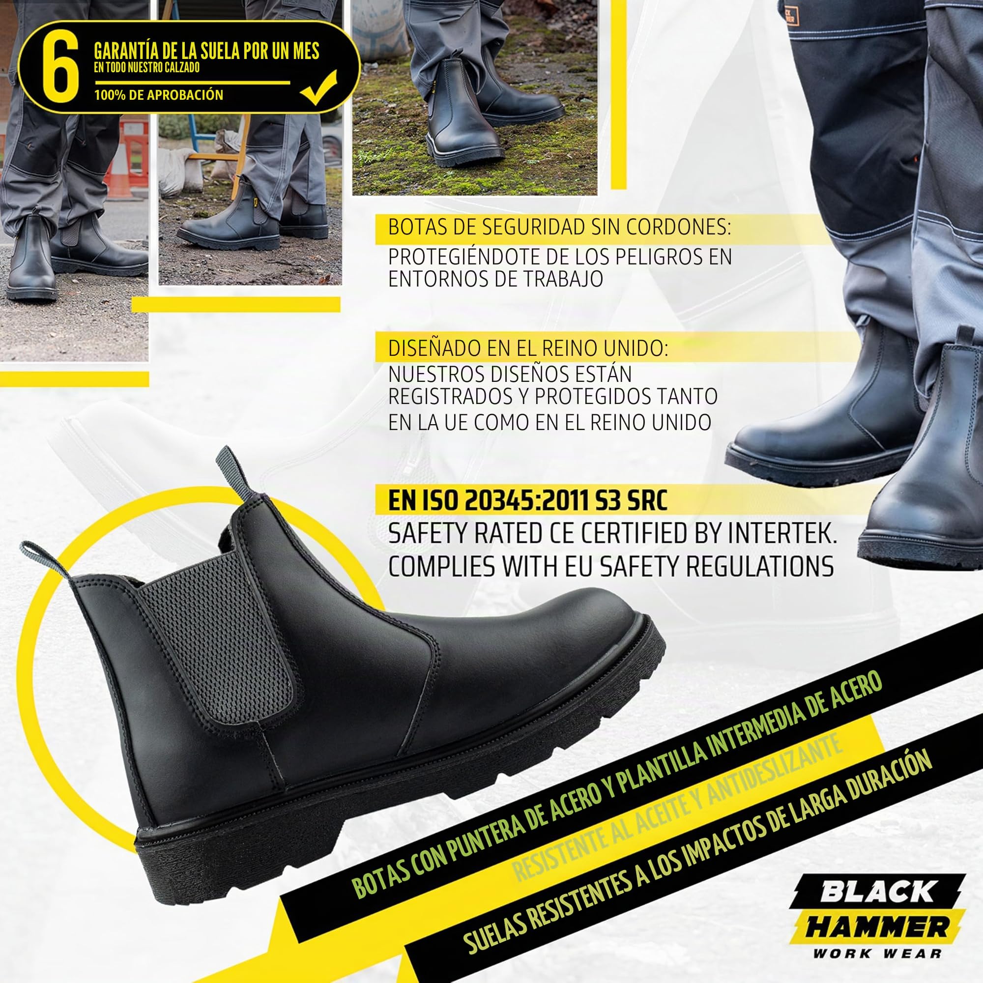 BLACK HAMMER Slip-On Sicherheitsstiefel Herren Chelsea Arbeitsschuhe Leder Stahlkappe Arbeit Knöchel Leichte Schuhe S3 SRC 1600 Schwarz (45 EU)