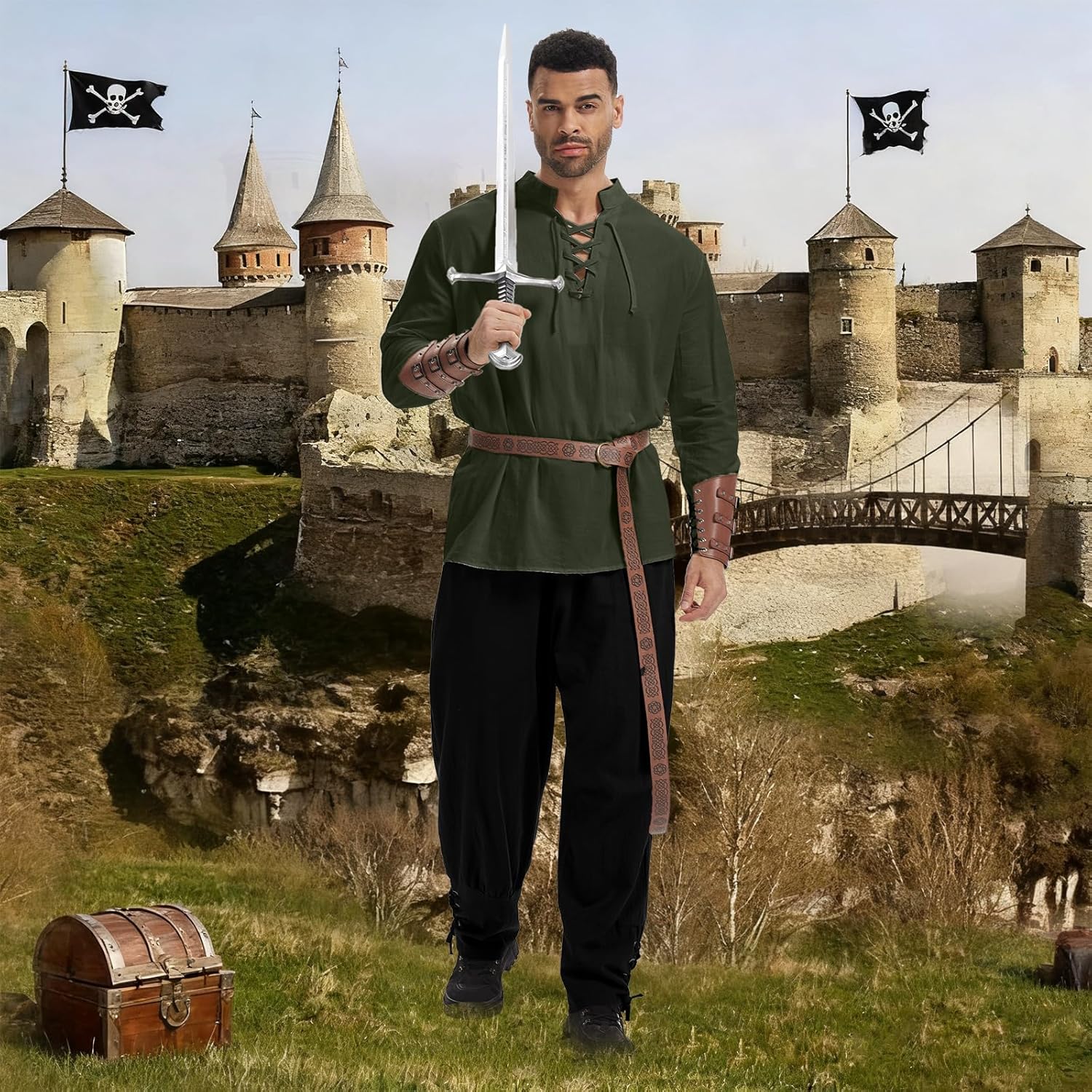 Men's Renaissance Costume Halloween Medieval Pirate Shirt Ankle Banded Pants Viking Belt Accessories - Image 3