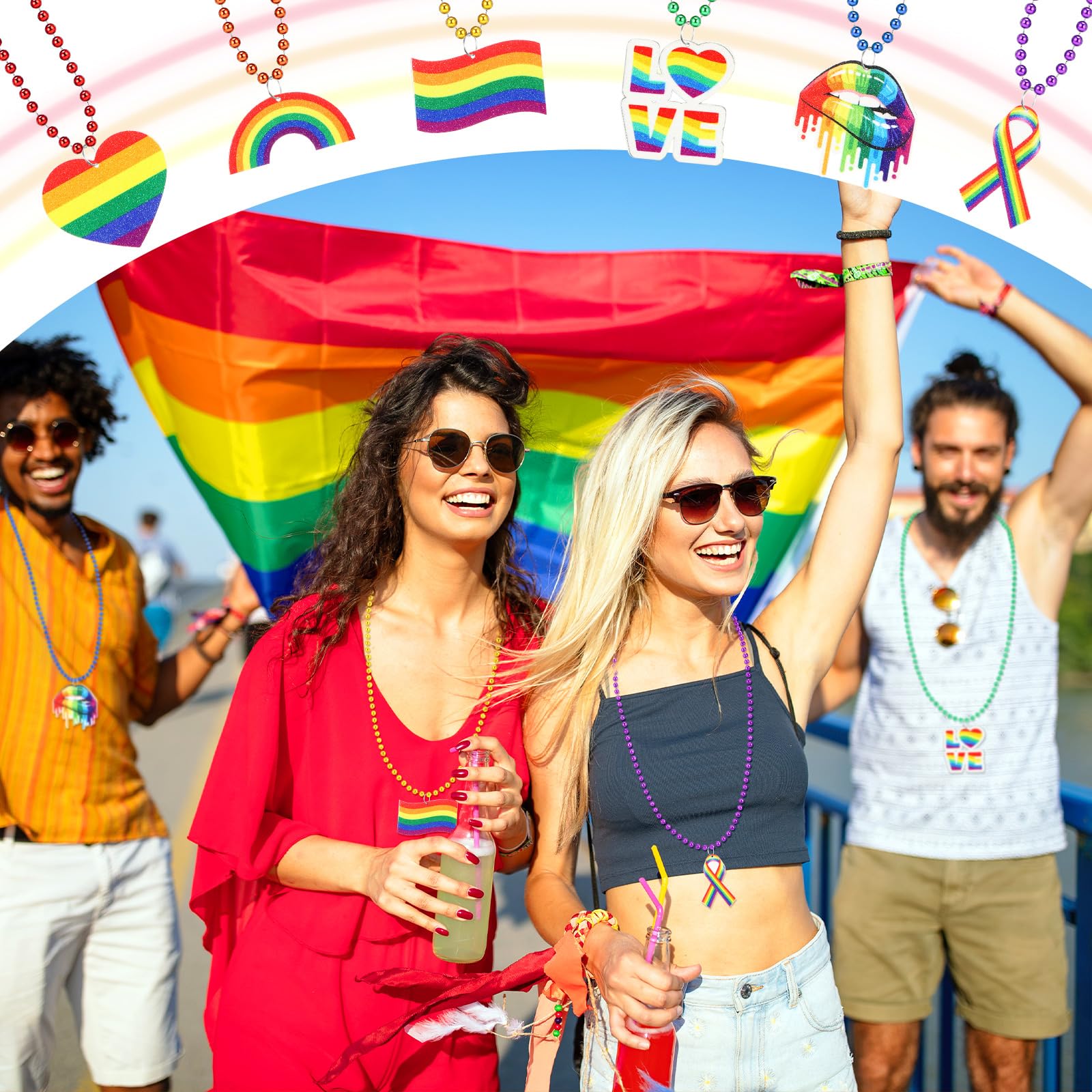 Huquary 48 Pieces Gay Pride Necklaces Rainbow Beaded Necklaces Mardi Gras Bead Accessories Pride Metallic Rainbow Love Beaded Necklace for Lgbt Party Supplies Decoration