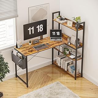47 Inch Computer Desk with Storage Shelves, L Shaped Desk with Storage, Corner Desk with Storage, Home Office Desks, Bookshelf Desk, Writing Study Desk for Bedroom, Brown