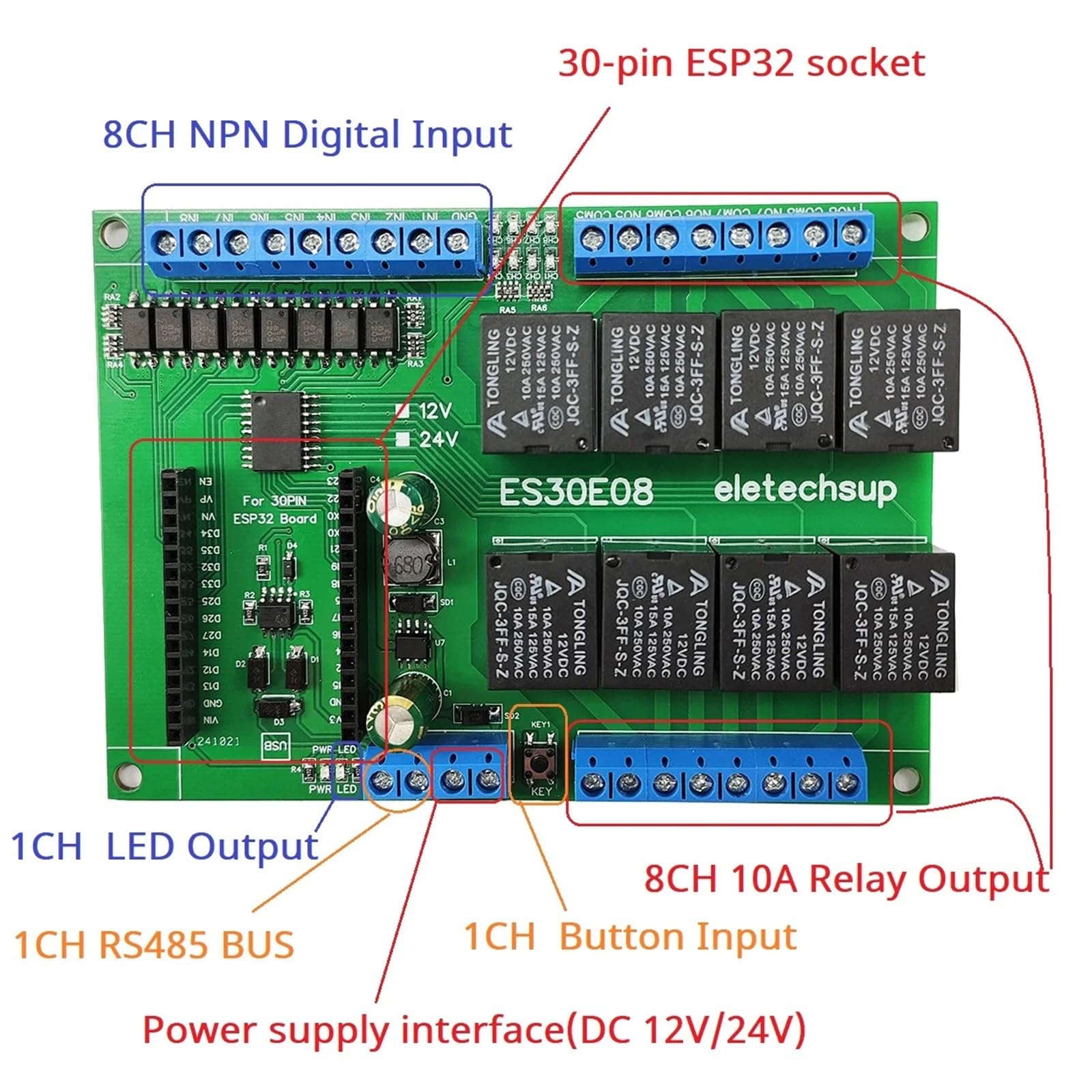 1 pz 8 canali DC 12V 24V relè Wi-Fi 30 pin ESP32 scheda di espansione programmabile modulo Modbus RS485 IO(DC 24V)