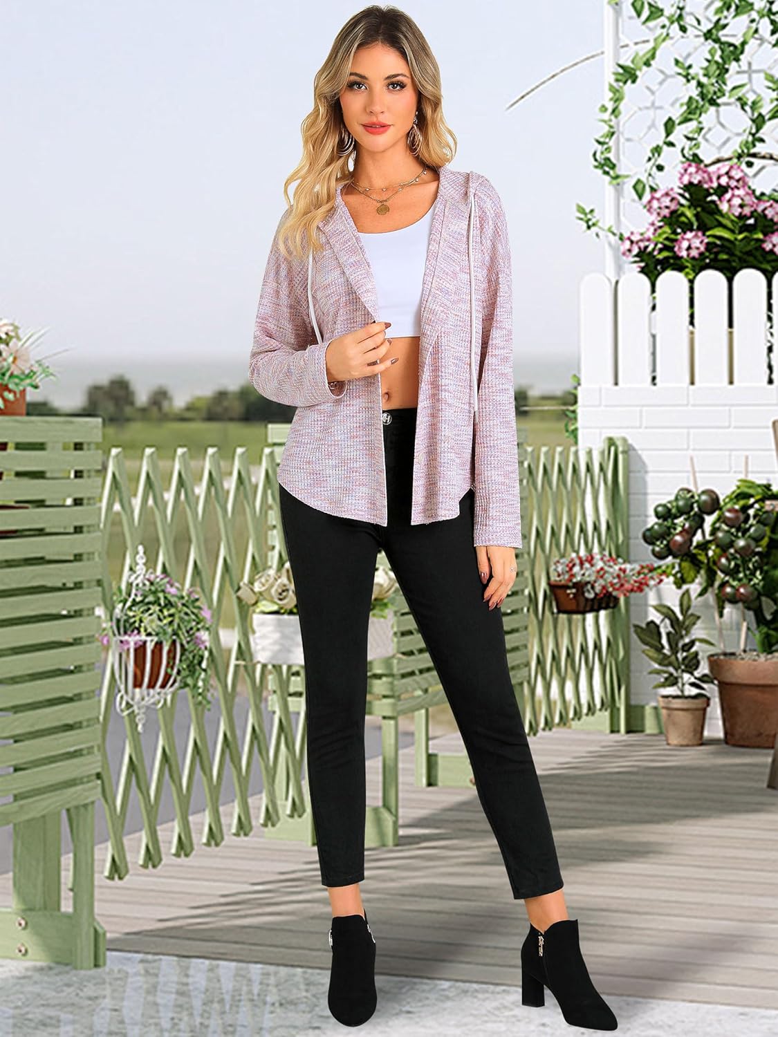 ZXZY Waffle Knit Tops for Women Casual Long Sleeve Button Hooded Sweatshirts Hoodies - Image 6