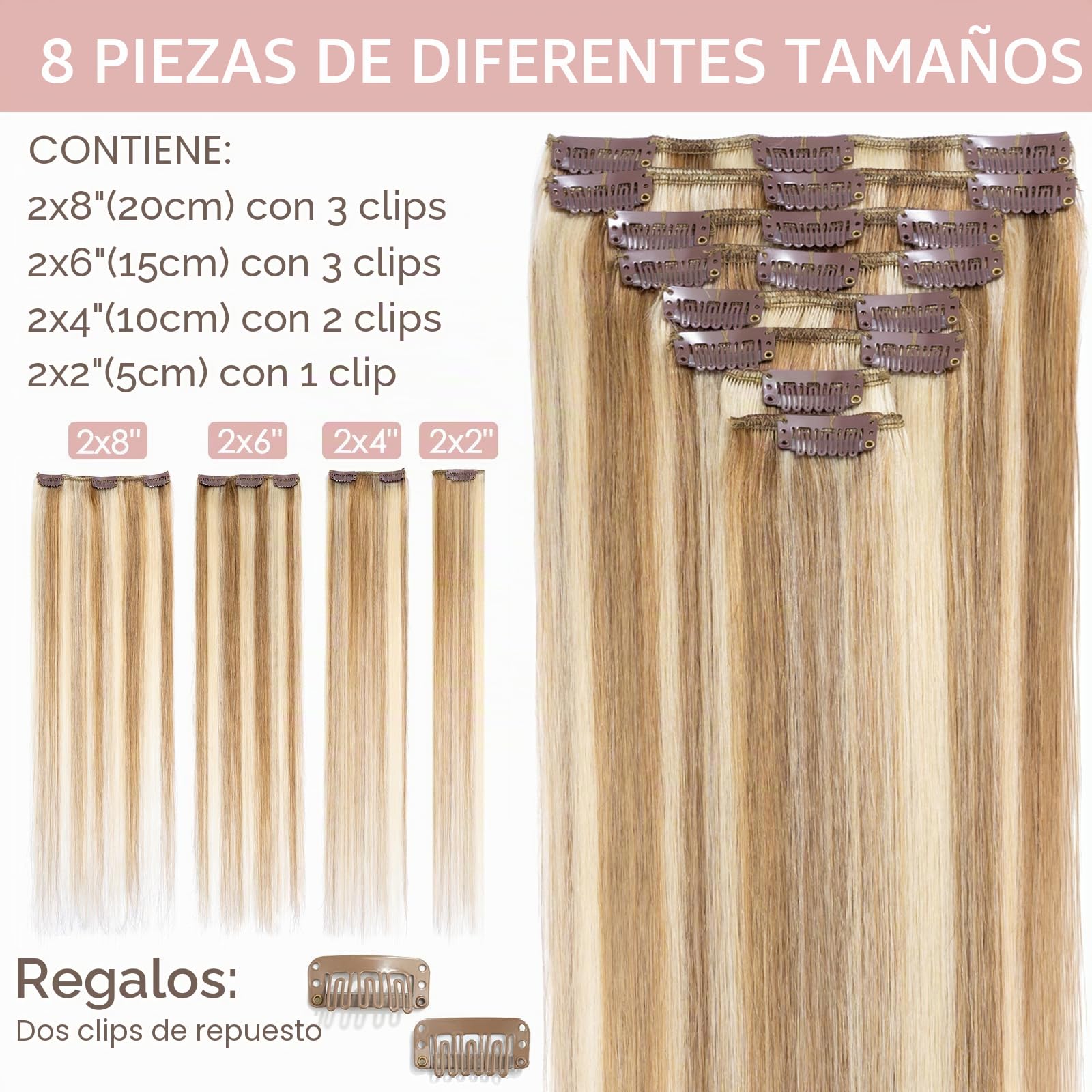Silk-co Extensiones de Clip de Pelo Natural [8pcs 18 Clips] Cabello Humano 100% Remy Lisas Postizos Pelucas para Mujer Lisos Rectos 50cm(70g) 12P613# Marrón Dorado y Blanqueador Oscuro