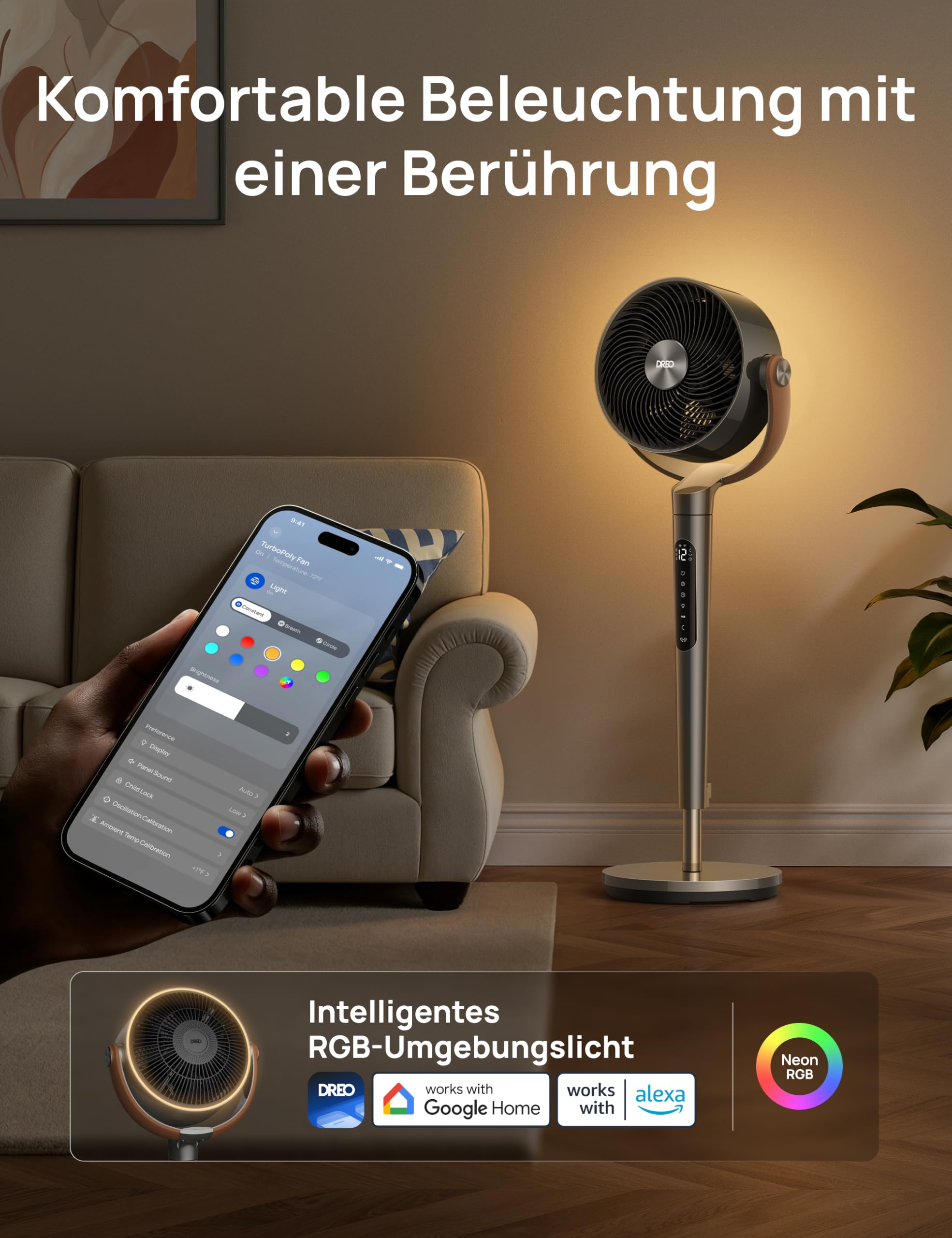 DREO PolyFan 513S 25 dB leiser Smart Standventilator, 110 cm Höhe, 6 Modi 8 Geschwindigkeiten, 120°+105° Oszillation, Fernbedienung Sprachsteuerung