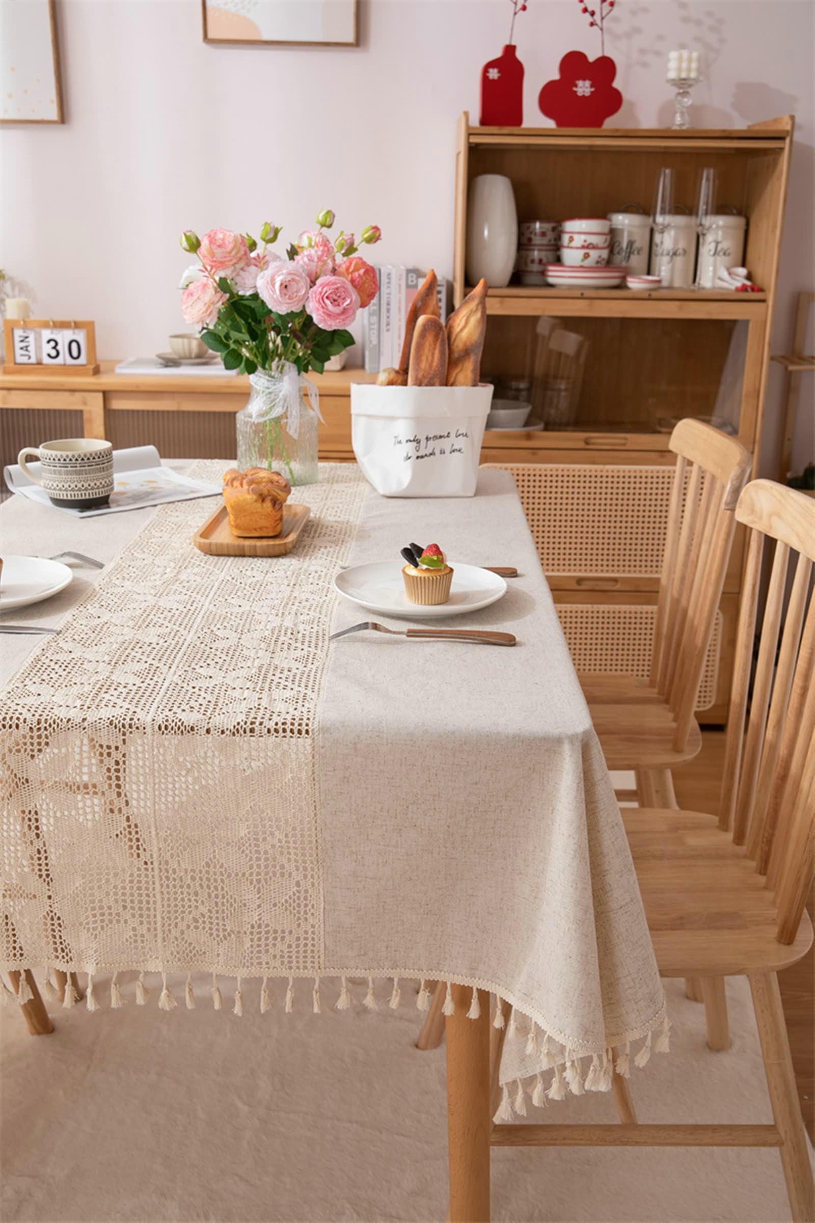 Gualiy Manteles Mesa Comedor Rectangular, Poliéster Manteles Mesa Cocina 140x260CM Manteles de Mesa Antimanchas Mariposa Hueca con Borlas Manteles para Mesa de Cocina, Beige