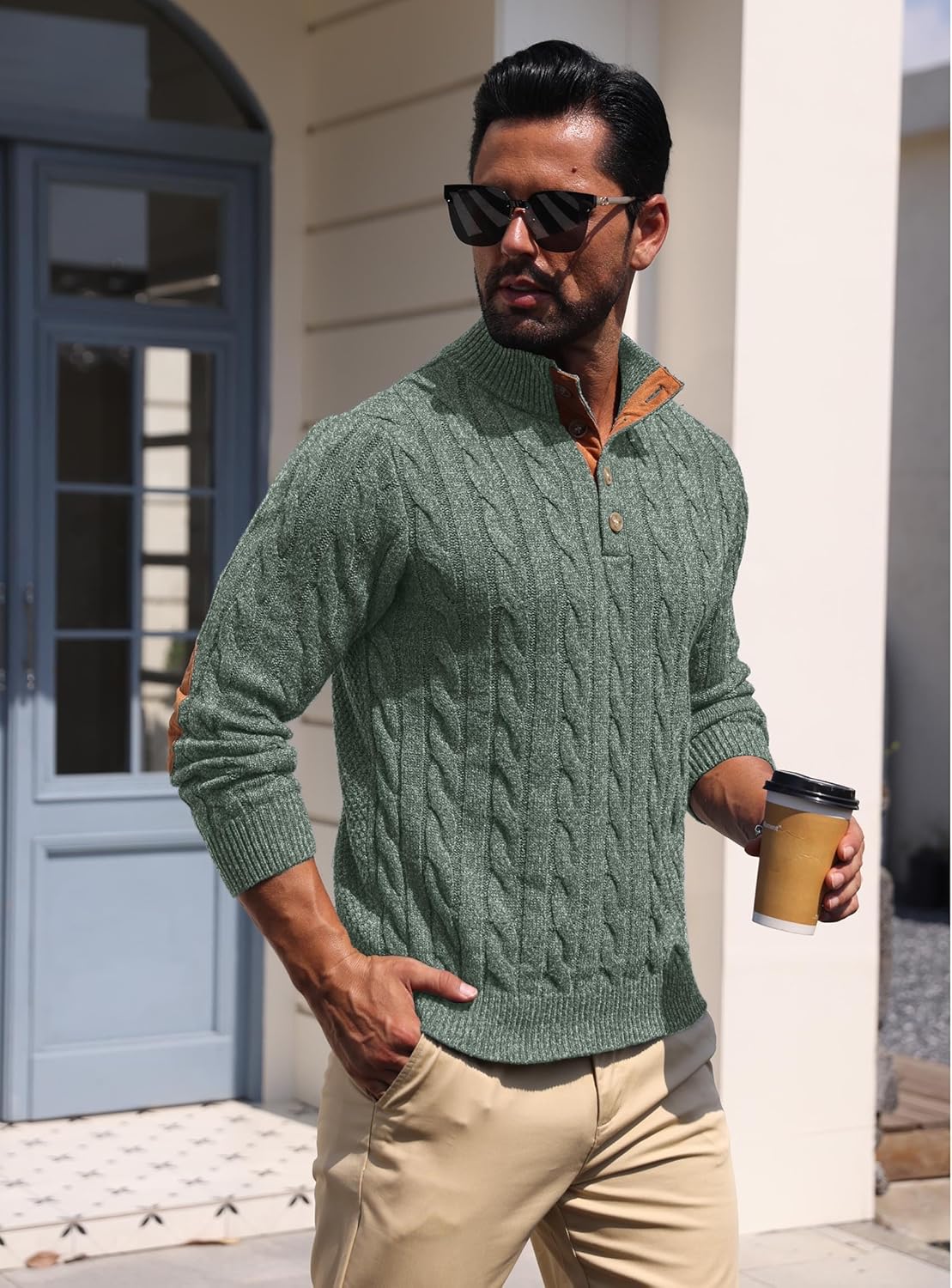 Askdeer Men's Cable Knit Pullover Sweater Stand Collar Button Classic Casual Sweaters Henley Knitted Pullover - Image 3