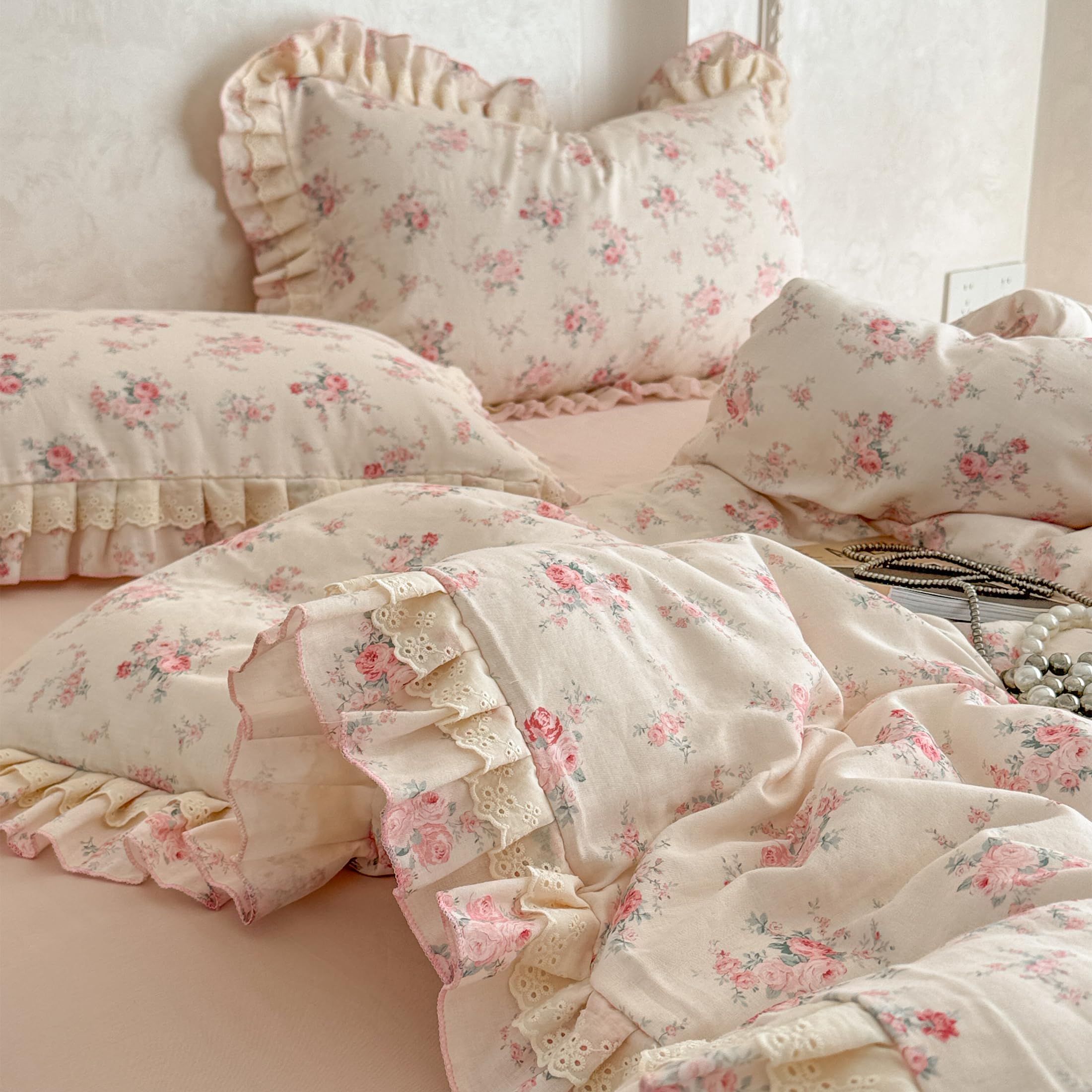 GETIYA Rosa Blumen Bettwäsche 135x200 Baumwolle Doppelgarn Bettbezug Damen Mädchen Baumwollgarn Bettwäsche Set mit Rüschen Weich Baumwolle Deckenbezug Blümchen Muster mit 1 Kissenbezug 80x80