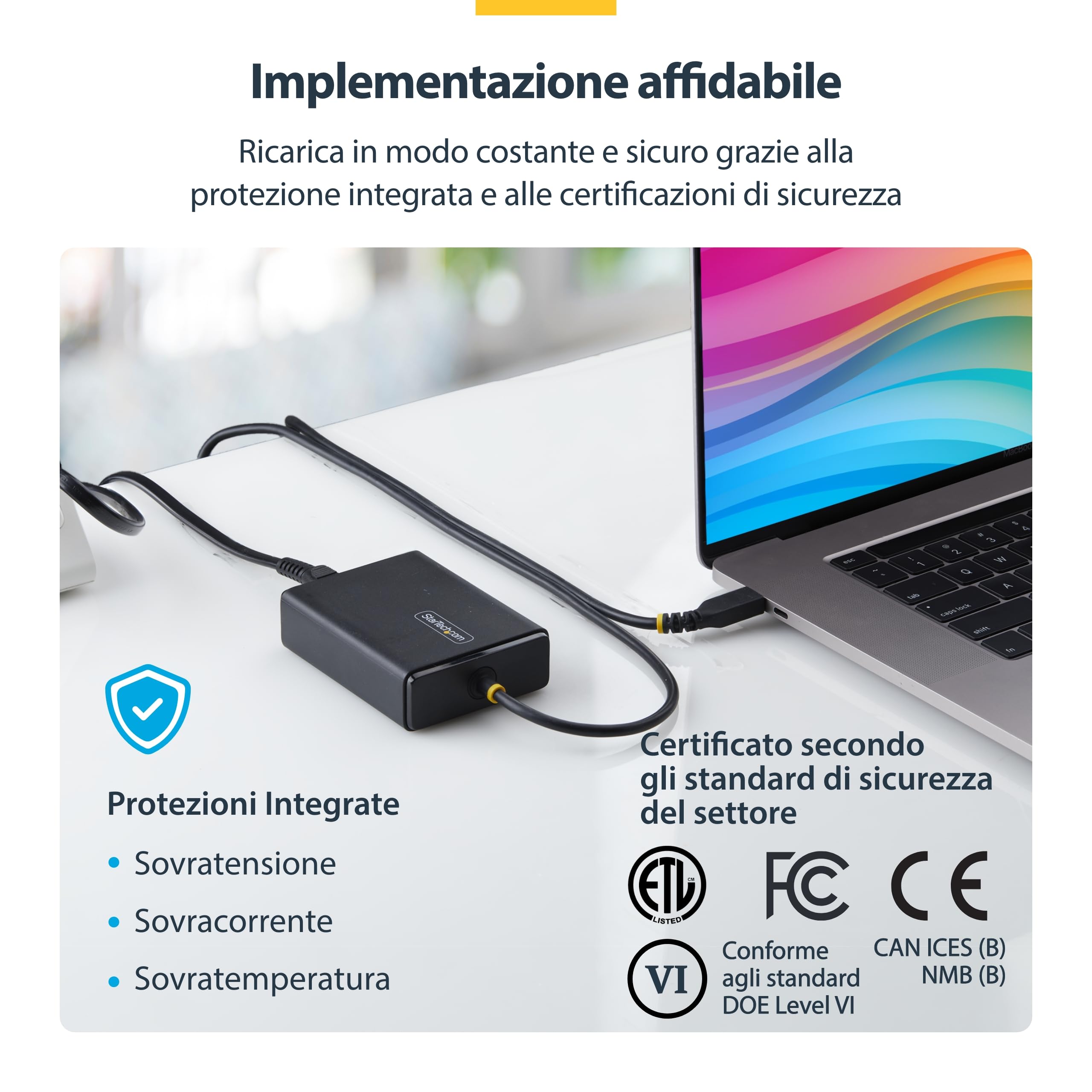 StarTech Caricatore USB-C 100W per Laptop, Cavo Integrato 1,5m, Dell XPS | Alimentatore da Viaggio con Ricarica Rapida per Notebook USB-C