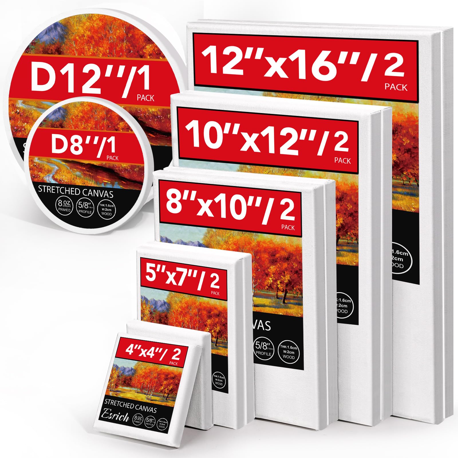 Sponsored Ad - ESRICH 12 Pack Stretched Canvas for Painting, 4x4, 5x7, 8x10, 10x12, 12x16(2 of Each), Round Canvas with 8x8, 12x12(1 of Each), Blank Canvases Primed Paint Canvas for Beginners, Artists.