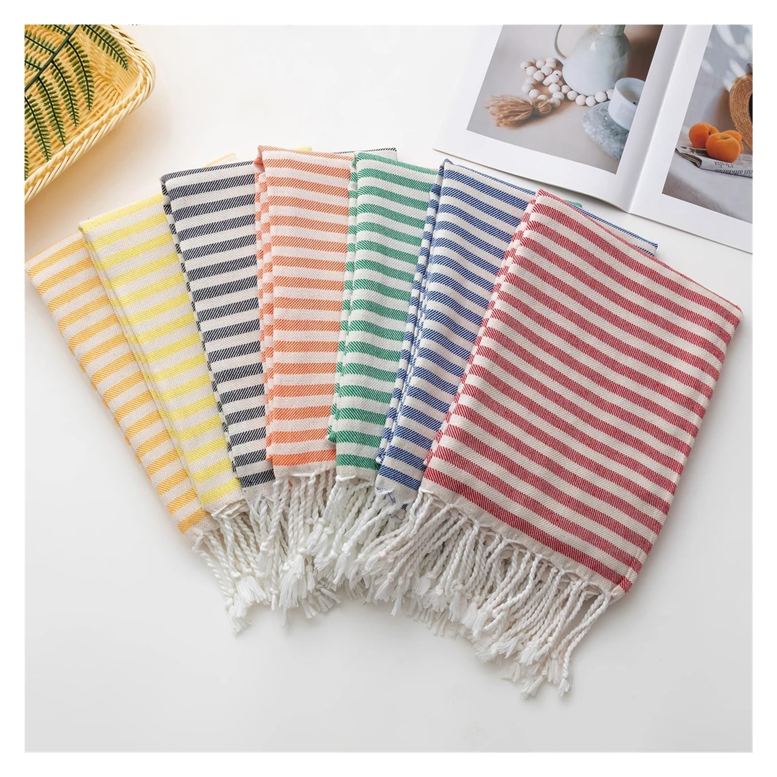 Toalla de playa a rayas, de algodón turco, 90 x 180 cm, toalla de baño con flecos, para sauna, gimnasio, fitness, suave absorbente, secado rápido, azul