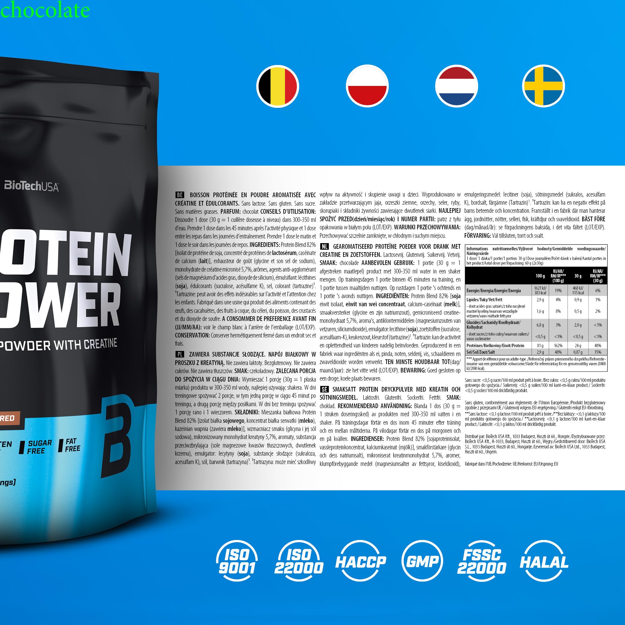 BioTechUSA Protein Power | Wysokobiałkowy, bez cukru, bez laktozy, bez glutenu | Dodatek kreatyny, 1 kg, Czekolada | Z białkiem serwatkowym, izolatem białka sojowego, kazeinianem wapnia | bez cukru, laktozy i glutenu | 1 kg, czekolada