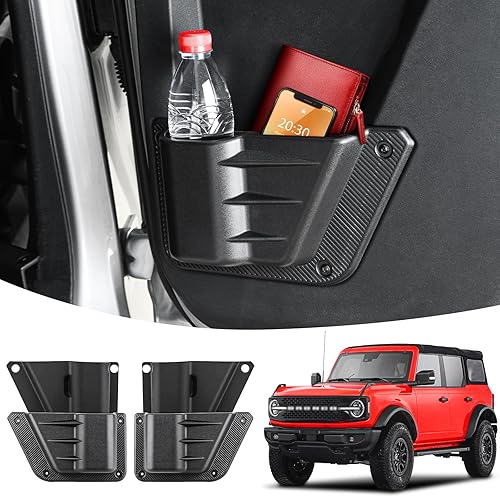 KSGMFED Bolsillos de almacenamiento para puerta trasera, soporte para tazas compatible con accesorios Ford Bronco, caja organizadora lateral de