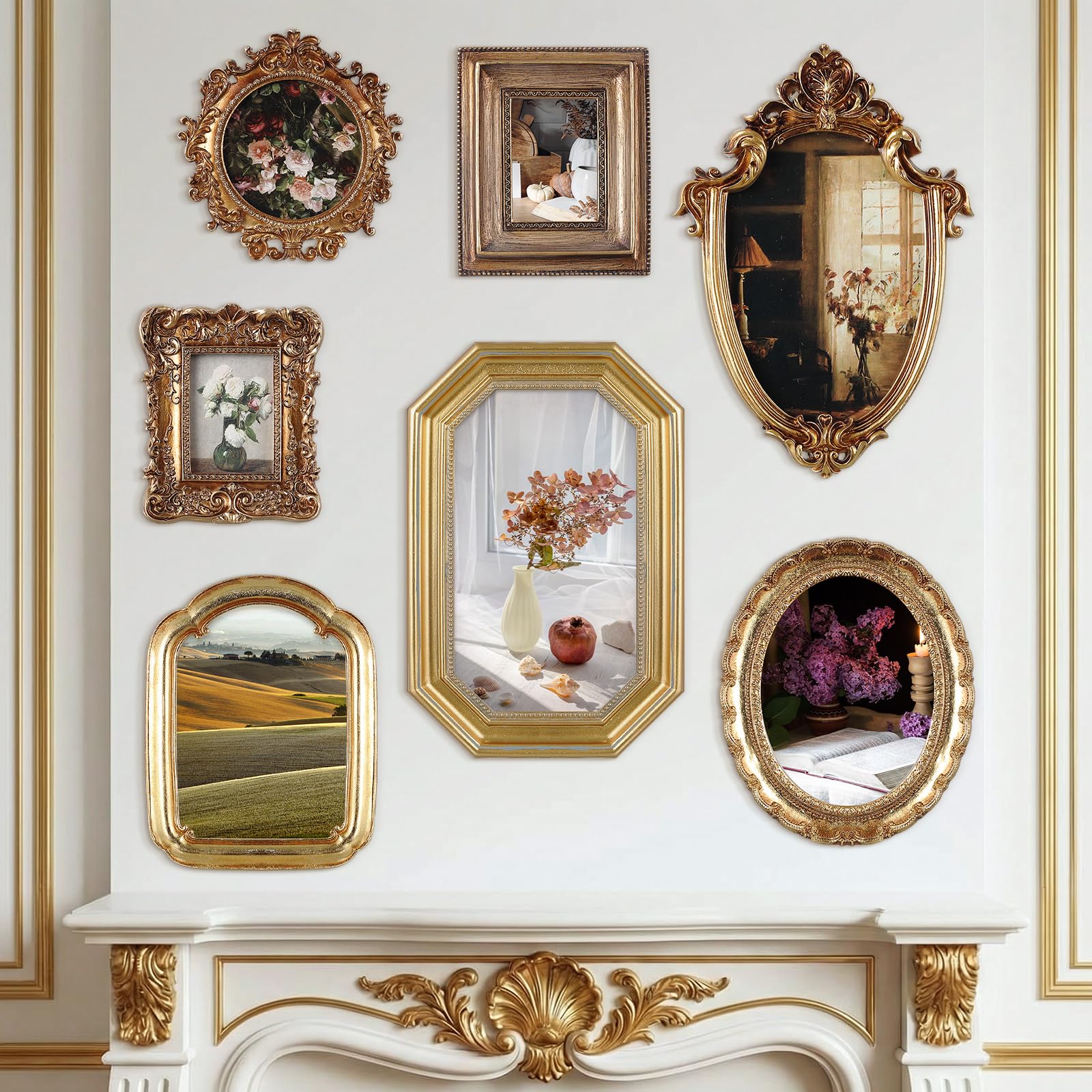 Photo 1 of Wonderjune 7 Pcs Vintage Picture Frames Set with Glass Front Antique Gold Gallery Wall Frames 7x9 6x8 5x7 4x6 2x3, Baroque for Home Decor Photography Props Gifts, Wall or Tabletop (Classical)