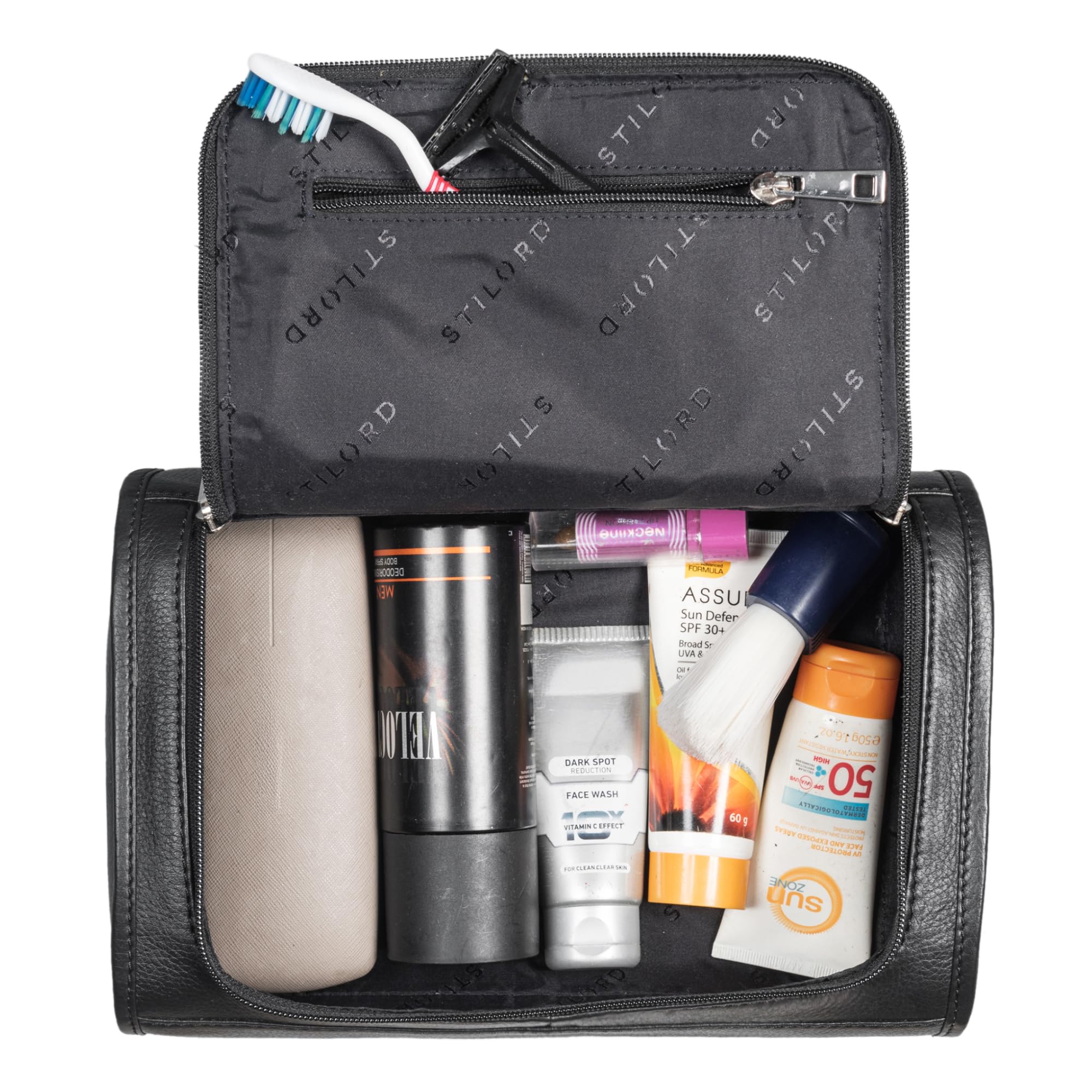 STILORD Juri Leder Kulturbeutel Groß für Damen und Herren Unisex Waschtasche für Unterwegs Kosmetiktasche aus Hochwertigem Echtleder Farbe:schwarz