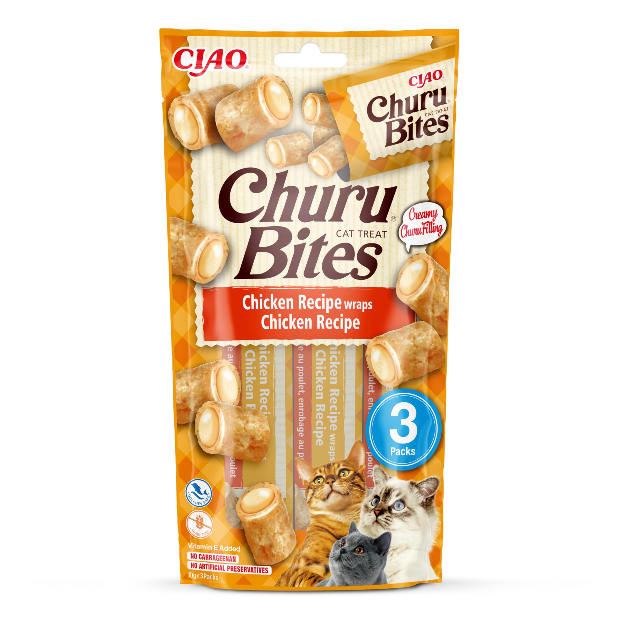 Ciao Churu Bites by INABA Cat Treat, Chicken Flavour (3 x 10g) / Crispy Pouches with Creamy Filling Cat Treat