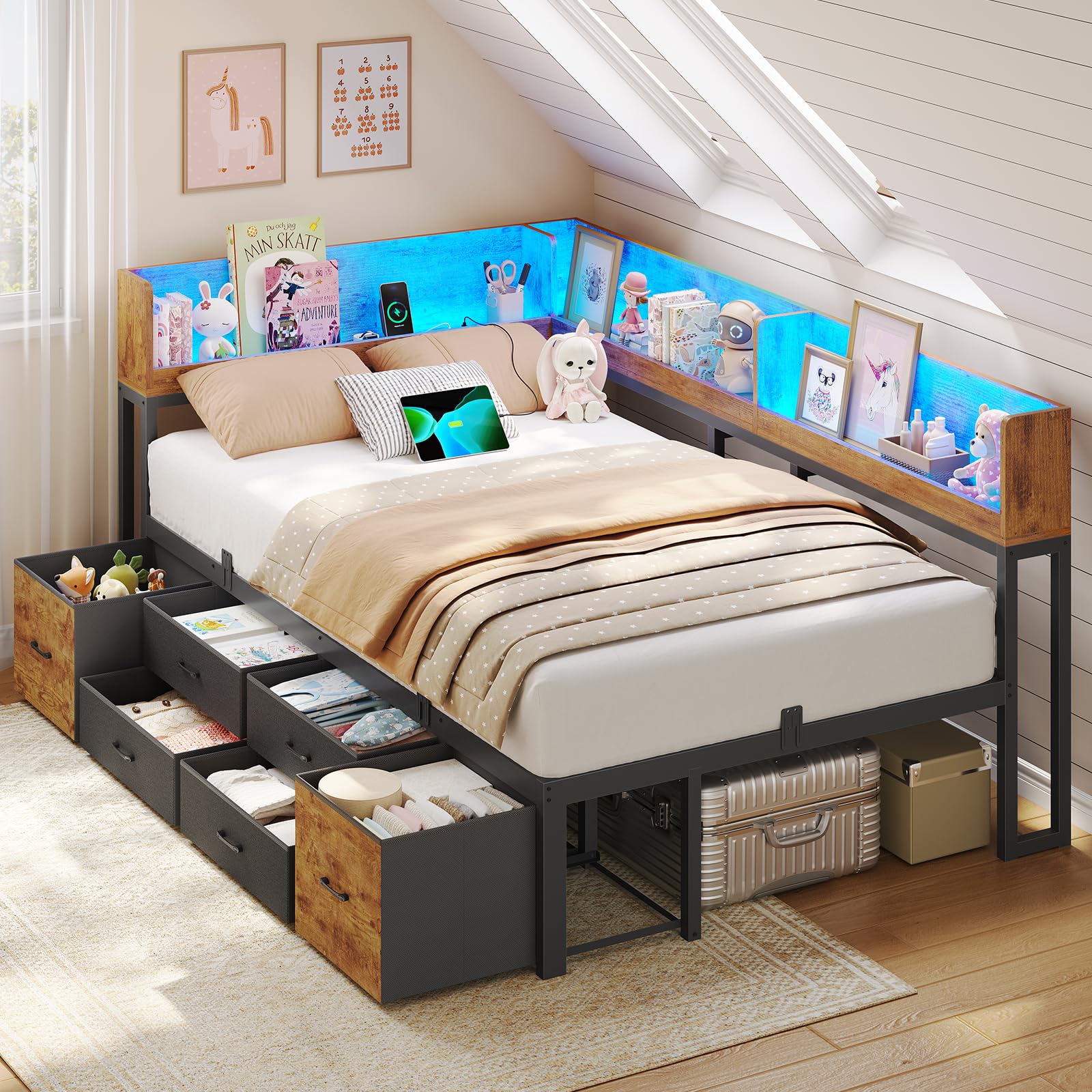 AOGLLATI Schlafsofa 90x200 Jugendbett mit Integriertem Bücherregal & 6 Schubladen,Bett mit Stauraum & LED-Beleuchtung Gästebett Tagesbett Bettgestell mit Lattenrost (Vintage Braun, 90x200cm)
