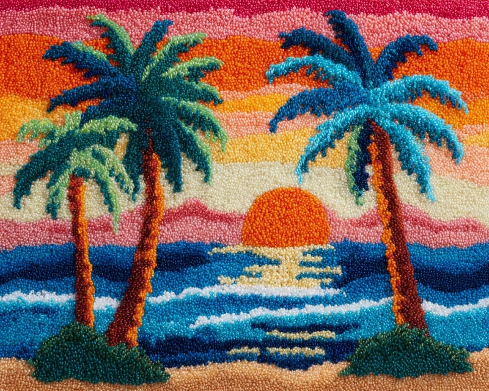 Wallphantom 004 Rug Making Kit For Adults Beginners,Sunset Coconut Tree Landscape,Latch Hook Cushion Kits,Carpet Embroidery Needlework Crocheting,Tapestry For Home Decoration,80X115cm