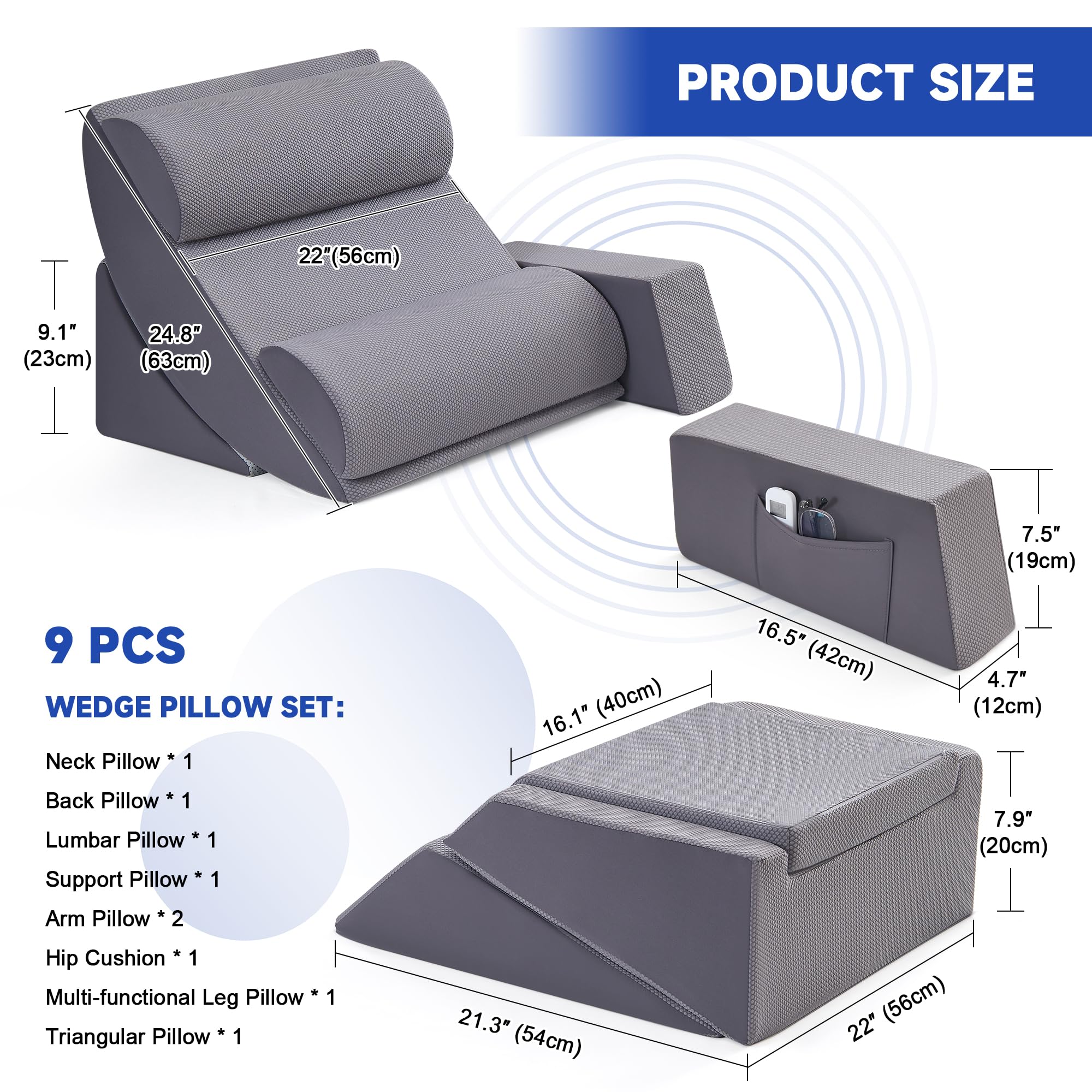 Set di 9 cuscini a cuneo ortopedici in schiuma per corpo, schiena e gambe, per alleviare il dolore a corpo, schiena e gambe, cuscino di supporto regolabile con reflusso acido, in memory foam, grigio