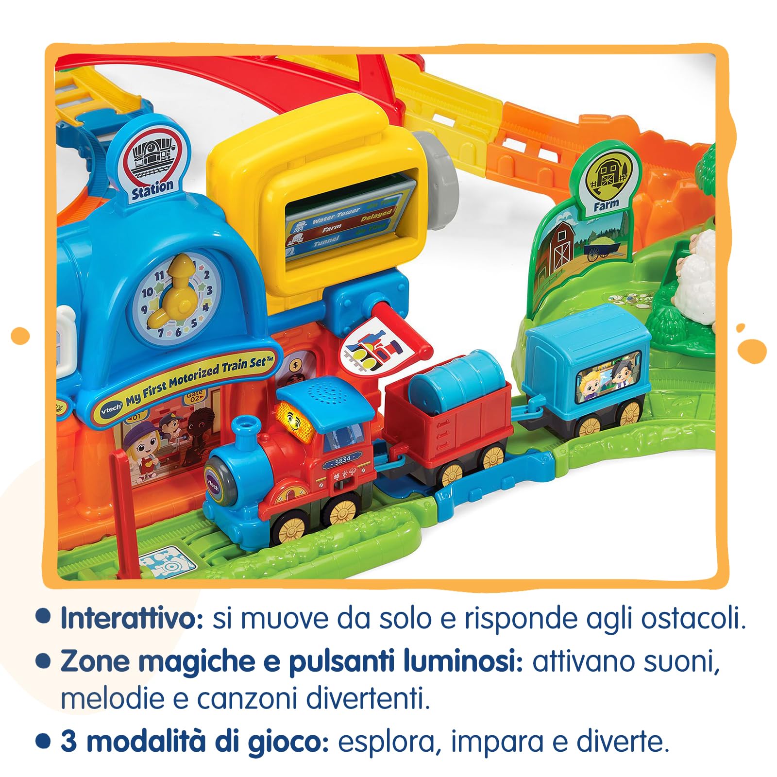 VTech Vroom Vroom Go przygody pociągiem, tor elektryczny z przeszkodami, w tym lokomotywa motoryzowana i wagony, 6 magicznych stref, włoski, baterie w zestawie, 1-5 lat