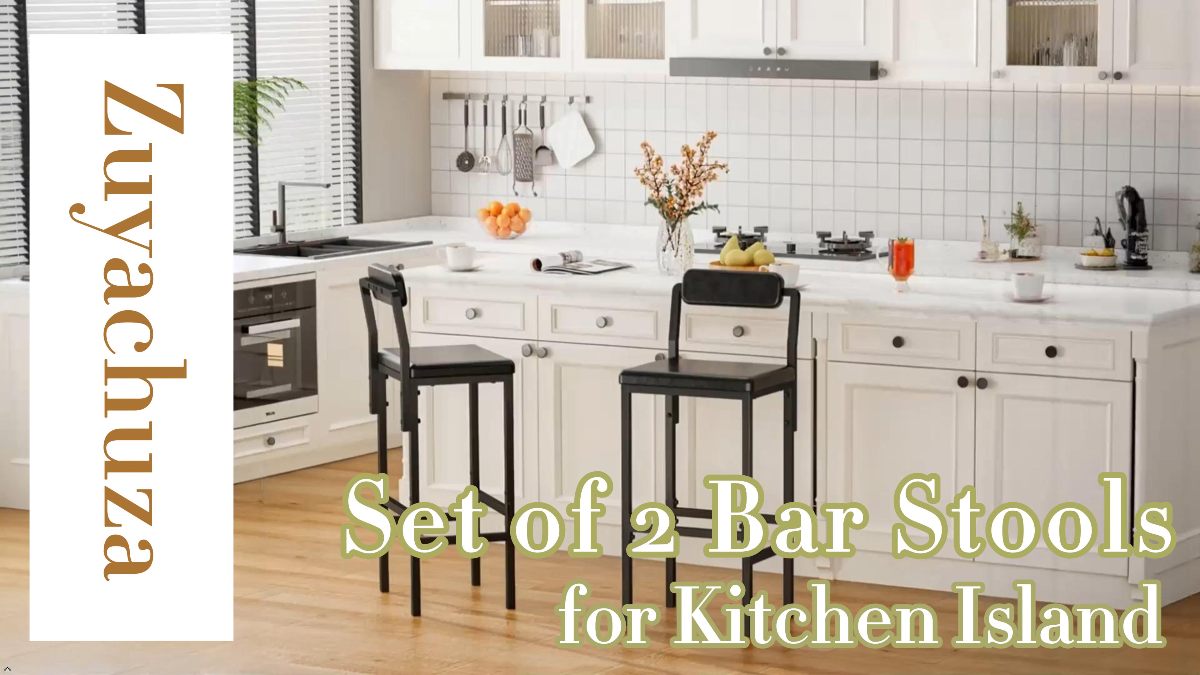 Set de 2 butacos para isla de cocina, butacos modernos de cuero sintético negro con respaldo, estilo industrial simple para cocina, comedor y bar en casa miniatura 7
