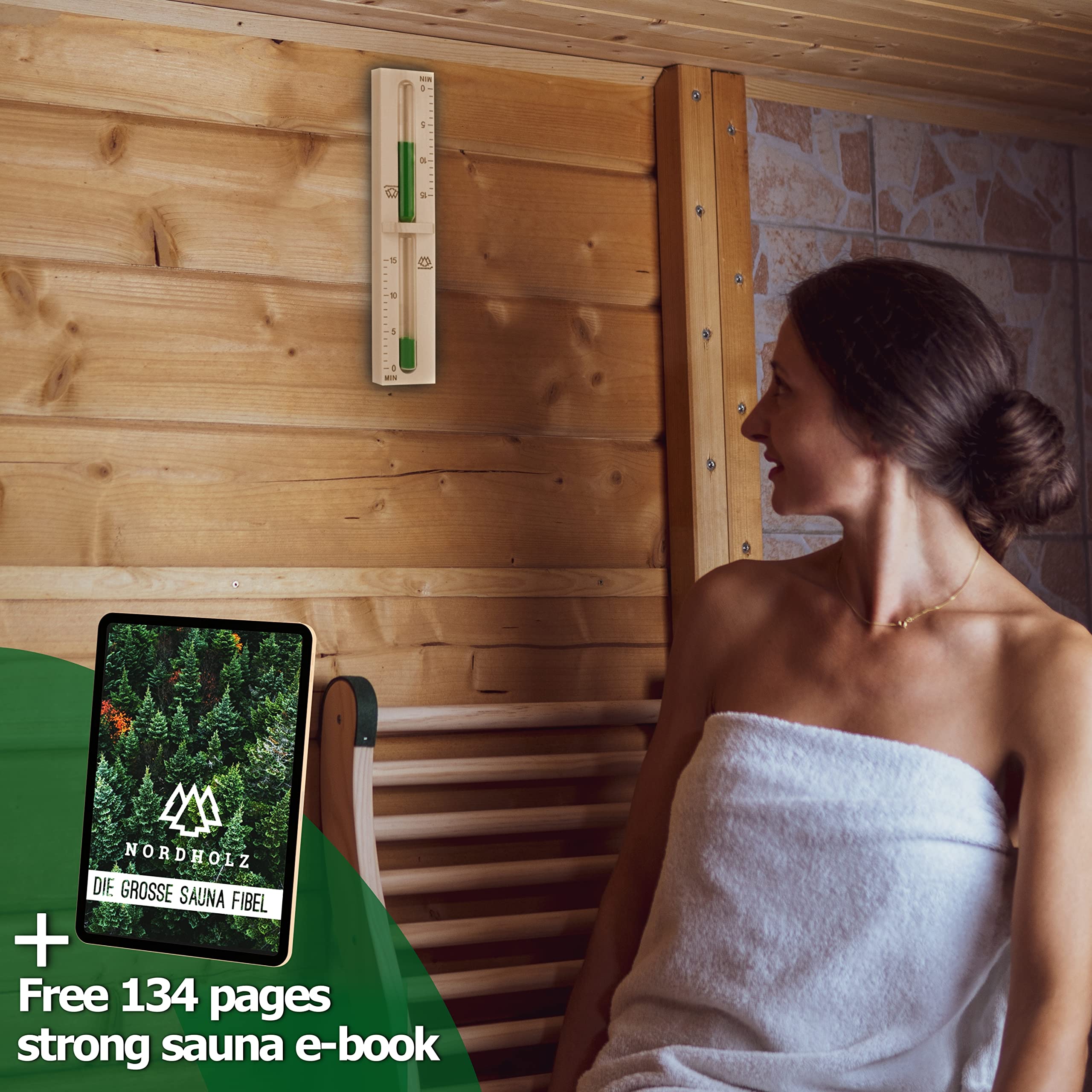 Sablier de sauna de 15 minutes en épicéa 100% nordique avec verre robuste résistant à la chaleur et couleur contrastante vert foncé + 2 vis en acier inoxydable - Accessoires sauna haute qualité