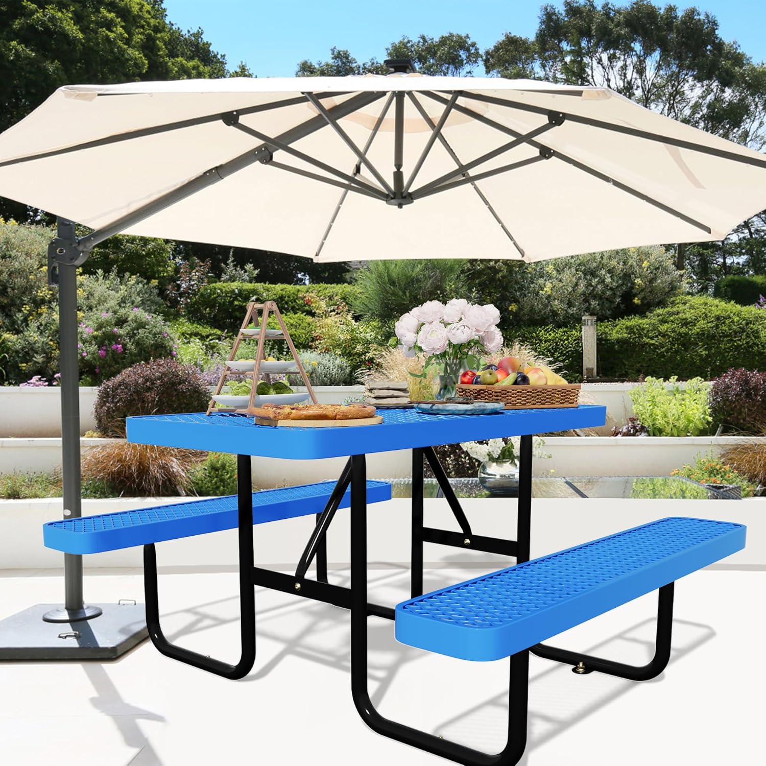 Picnic Tables for Outdoors,Commercial Metal Picnic Table Bench Set with Umbrella Hole,School Canteen Tables W/Seats - Heavy Duty Sturdy Picnic Tables Furniture for Patio Garden (Blue, 4FT)
