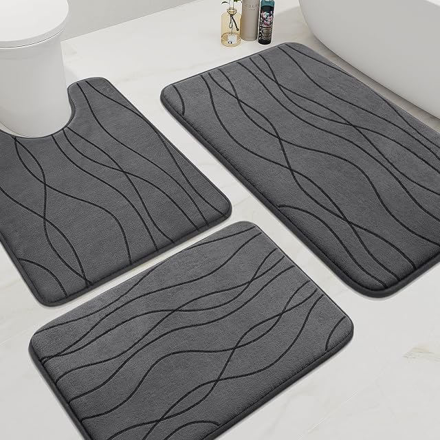 YIHOUSE Memory Foam Grey Bath Mat Set 3 Piece, Ultra Absorbent Bath Mat for Bathroom - Non-Slip Machine Washable & Dry Quickly, 3 Piece Bathroom Mat Set, Dark Grey