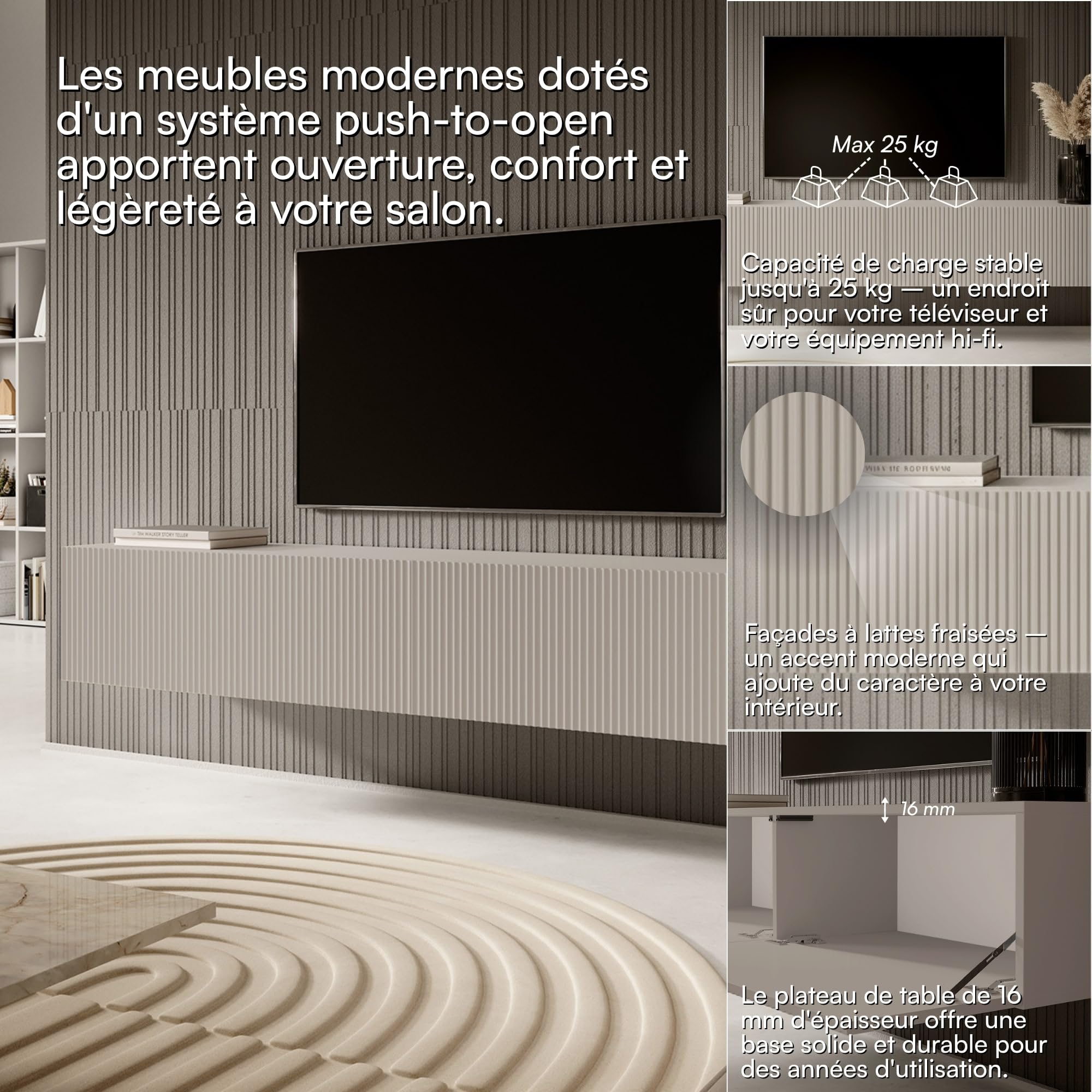 Selsey Meuble TV Armoire De Télévision 175 cm Suspendu Façade Fraisée Beige Gris Veldio