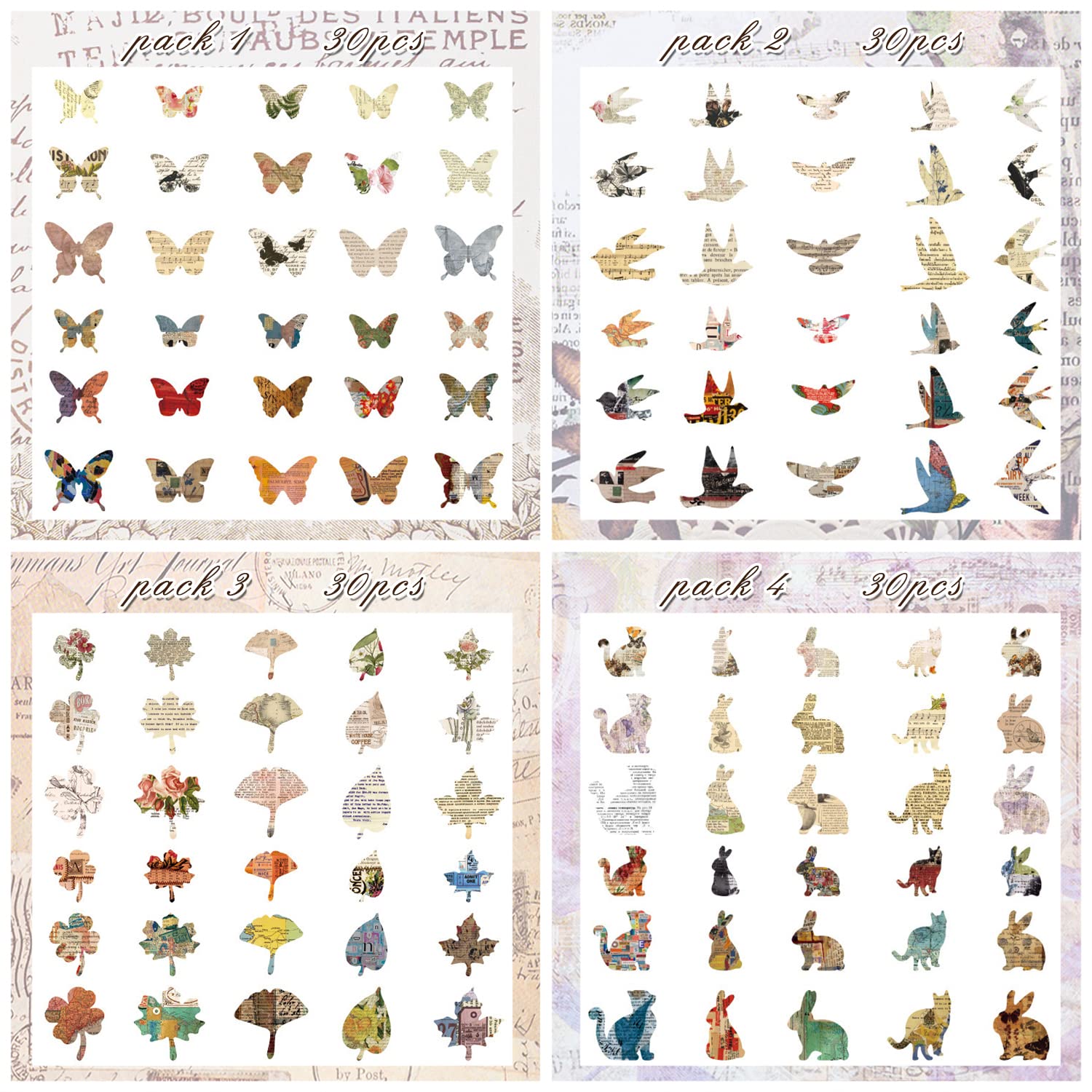Mayplous Vintage Kraft Paper Scrapbook & Planner Stickers, 4 Packs Butterfly, Bird - Image 2
