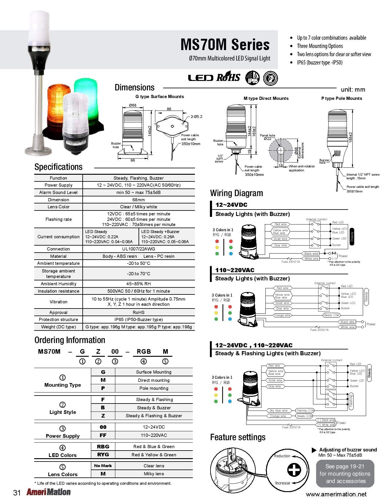 MS70M-GF00-RBG, 70mm Multicolored LED Signal Light, Surface Mount, Steady & Flashing, 12-24VDC, Red/Blue/Green LED, Clear Lens
