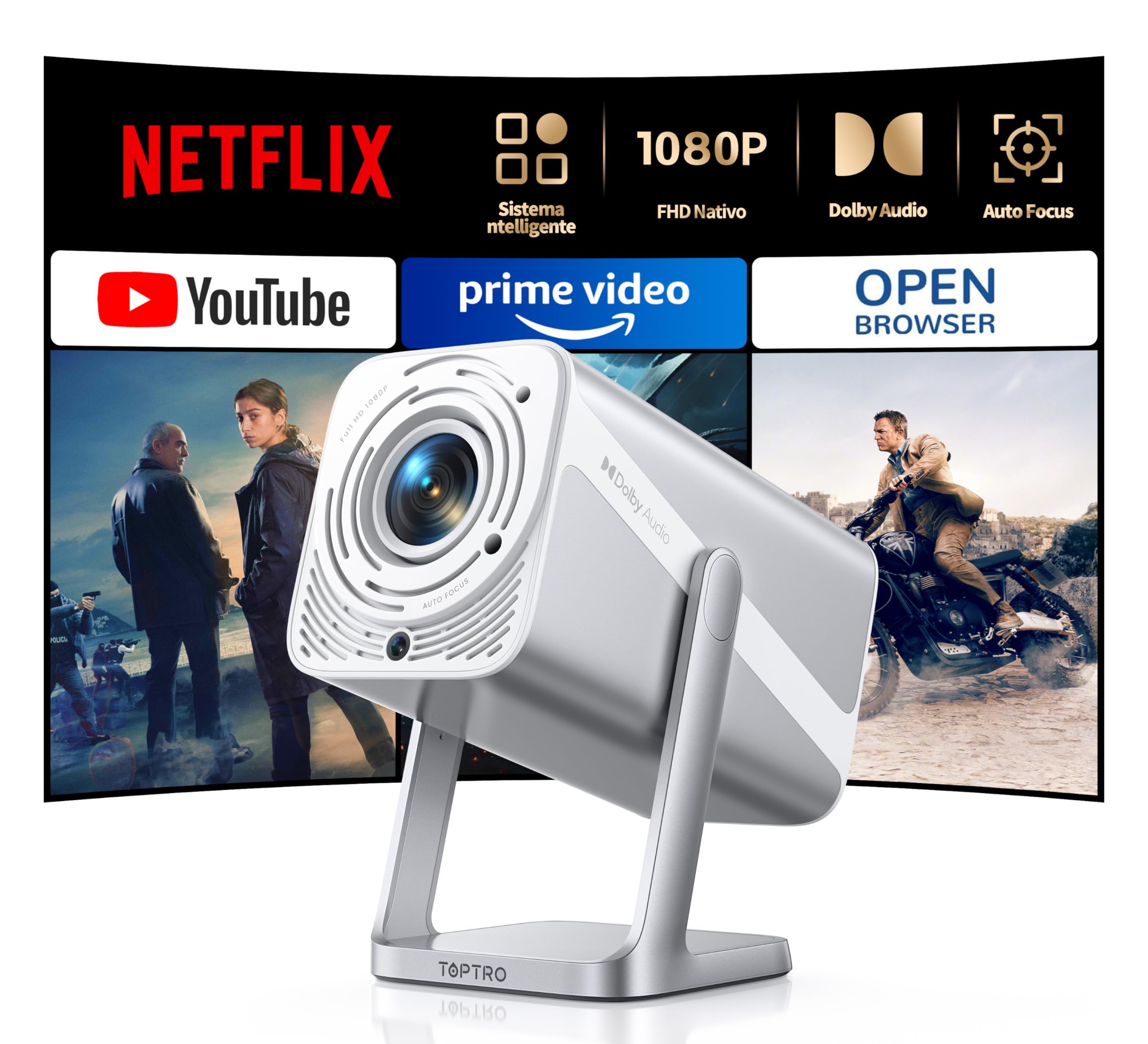 Proiettore 4K【Netflix Ufficiale & Dolby】Proiettore Portatile 700ANSI Messa Fuoco Auto Keystone con Bluetooth Bidirezionale Mini Proiettores Girevole 360° per Home Theater/Esterno/ARC/CEC