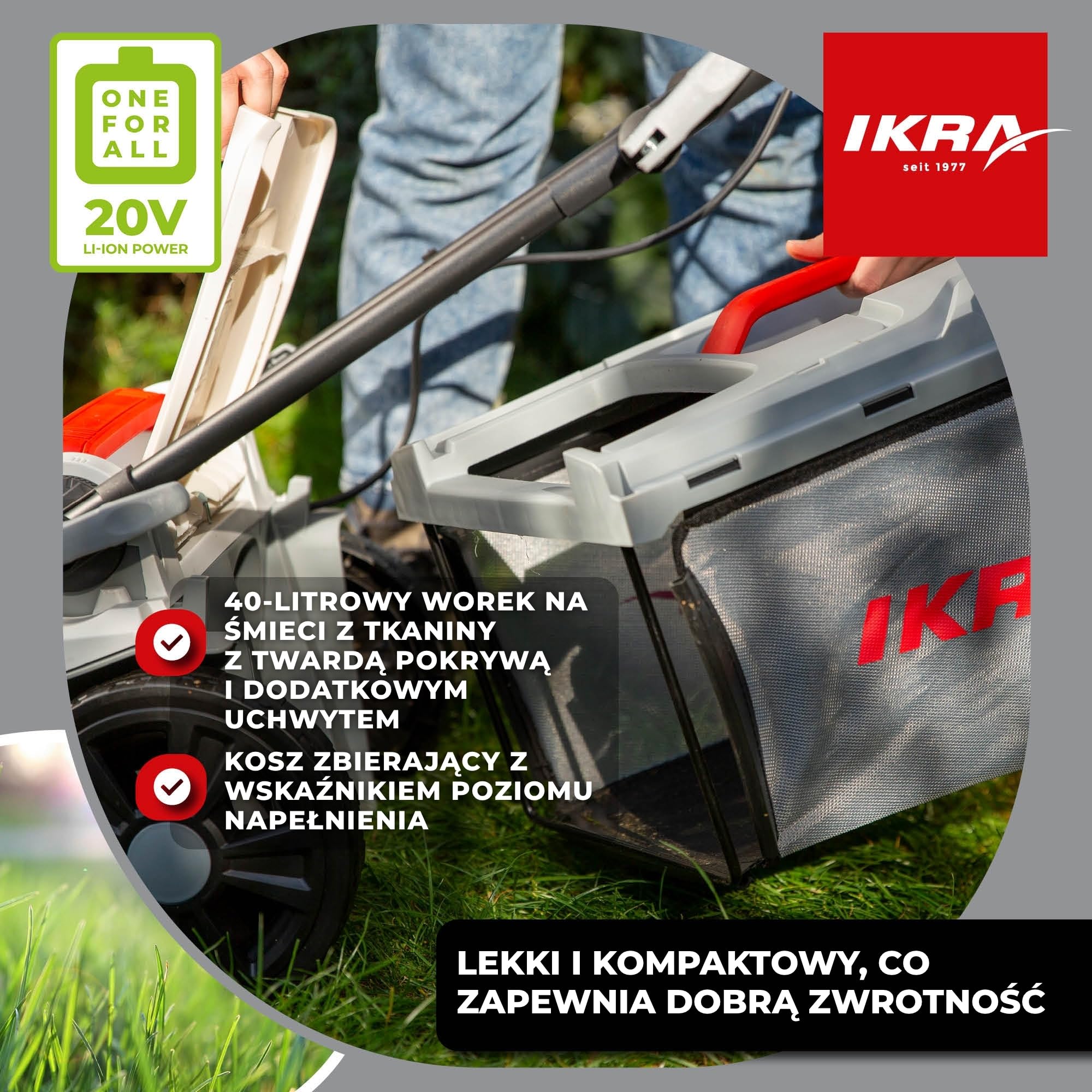 IKRA Kosiarka ICM 2/2037, szerokość 37cm, 2 akumulatory, ładowarka | Wysokość koszenia 25–75 mm, funkcja mulczowania do 250 m², regulowany uchwyt, kosz 40 l, system akumulatorów IKRA 20 V