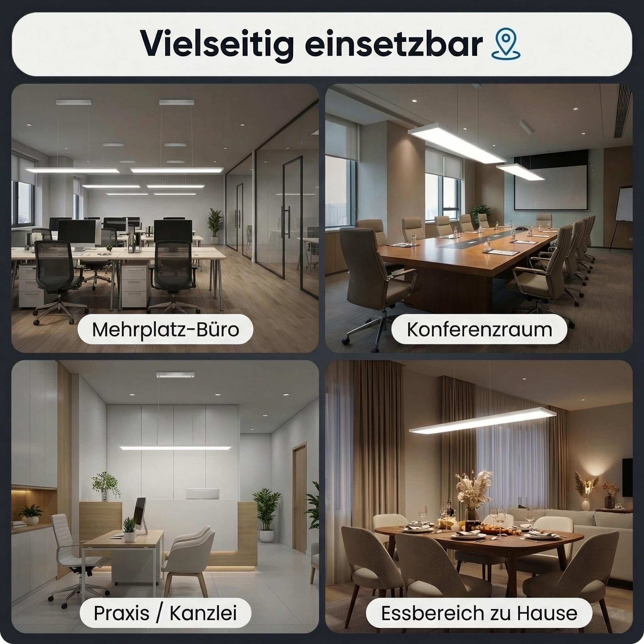 LED Universum Büro-Pendelleuchte OFFICE PANEL UP & DOWN 70/30, 120x20cm weiß, CCT 3000-6000K, 3500lm, dimmbar, mit Fernbedienung, blendfrei UGR<19, hoher CRI>90Ra, flimmerfrei