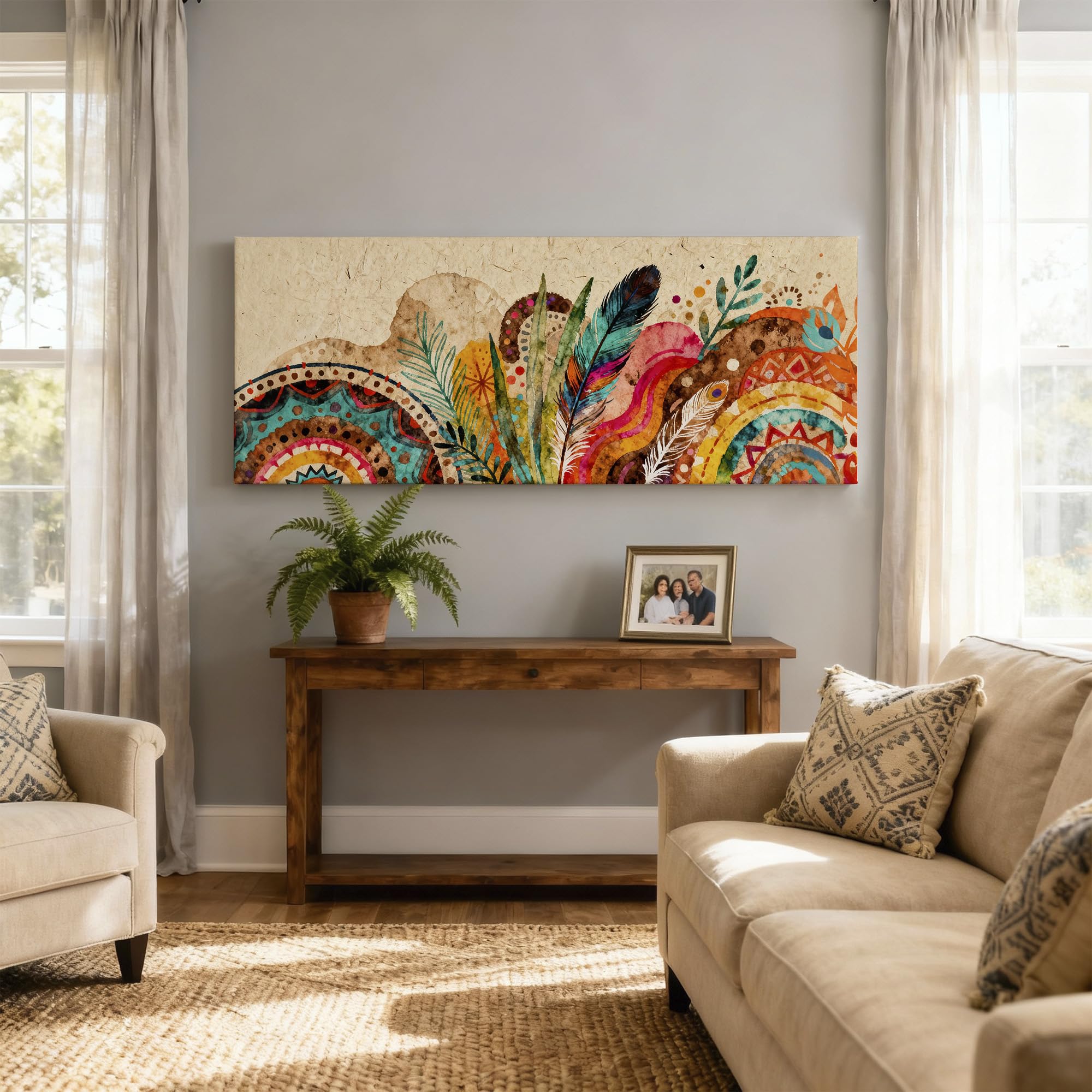 SoulAbiti Mediterranean Rainbow Feathers Unframed 36x14 inches Rolled Canvas Wall Contemporary Art UV Print Painting for Living Room, Bedroom & Office Decor Premium Gloss Vivid Fade-Resistant Print 3