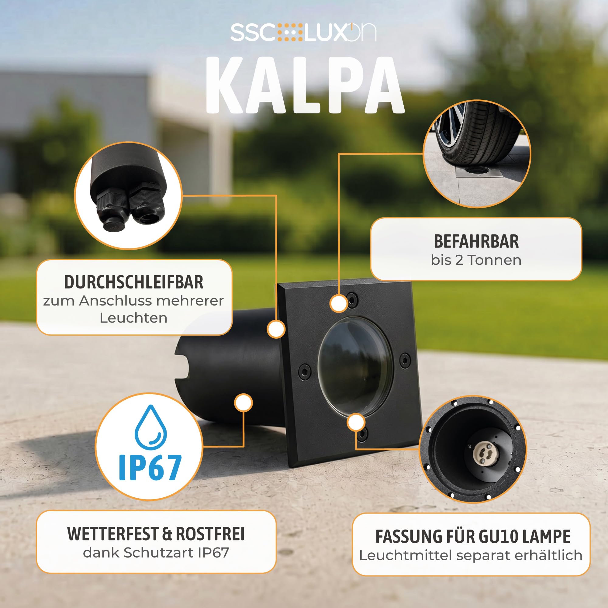 SSC-LUXon KALPA LED Bodeneinbaustrahler für Außen eckig schwarz IP67 - Bodenleuchte für GU10 Glühbirne trittfest & befahrbar (ohne Leuchtmittel)