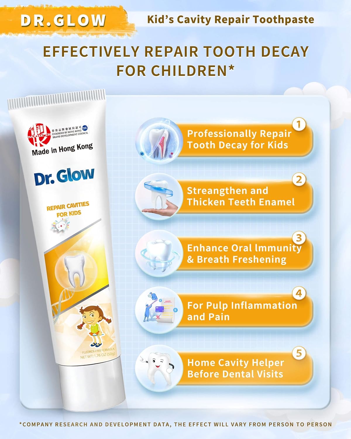 Dr. Glow Kids Toothpaste Cavity Repair Toothpaste, Hydroxyapatite Toothpaste Fluoride Free, Tooth Repair Remineralizing Toddler Toothpaste, Kids Enamel Repair Tooth Decay Treatment Fruity 2 Tubes