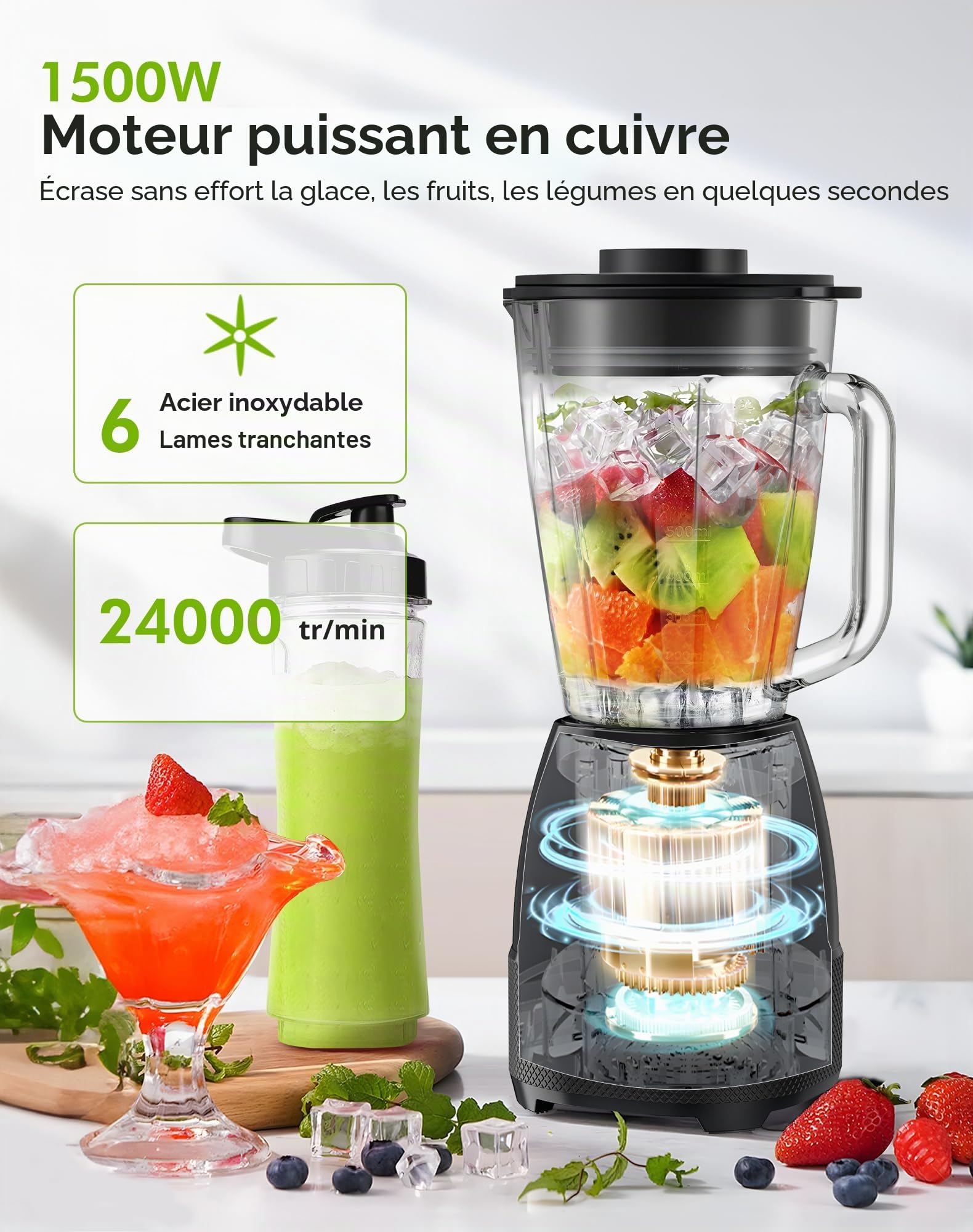 Blender Mixeur, 1500W Blender Smoothie 24000 tours/min, 12 Vitesse ajustable, 6 Lames en acier Inox avec Bol en verre 1,5L /bouteille de sport de 600 ml sans BPA Utilisation & Nettoyage facile