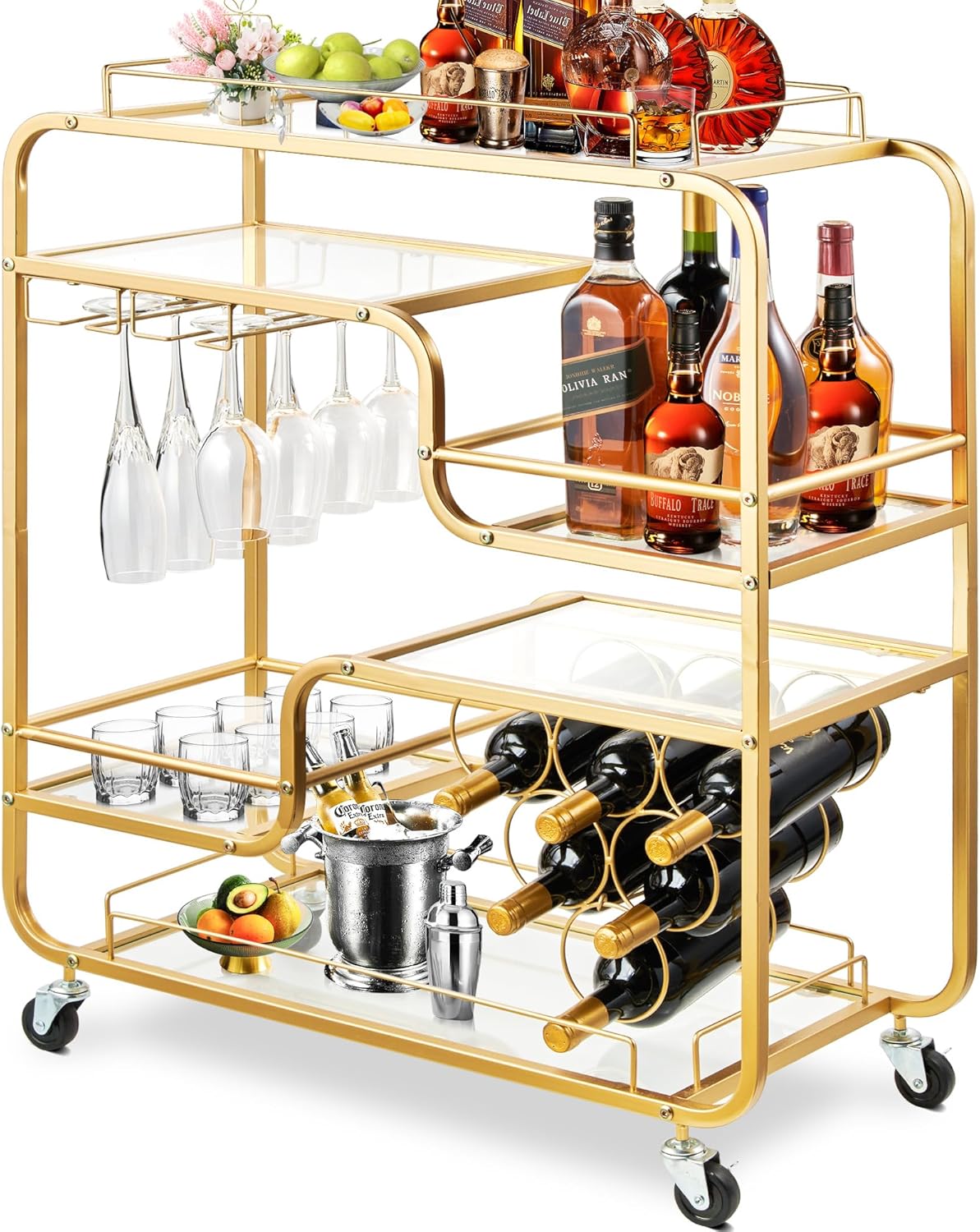 Handnam Gold Bar Cart with Wheels, 6 Tier Home Bar Serving