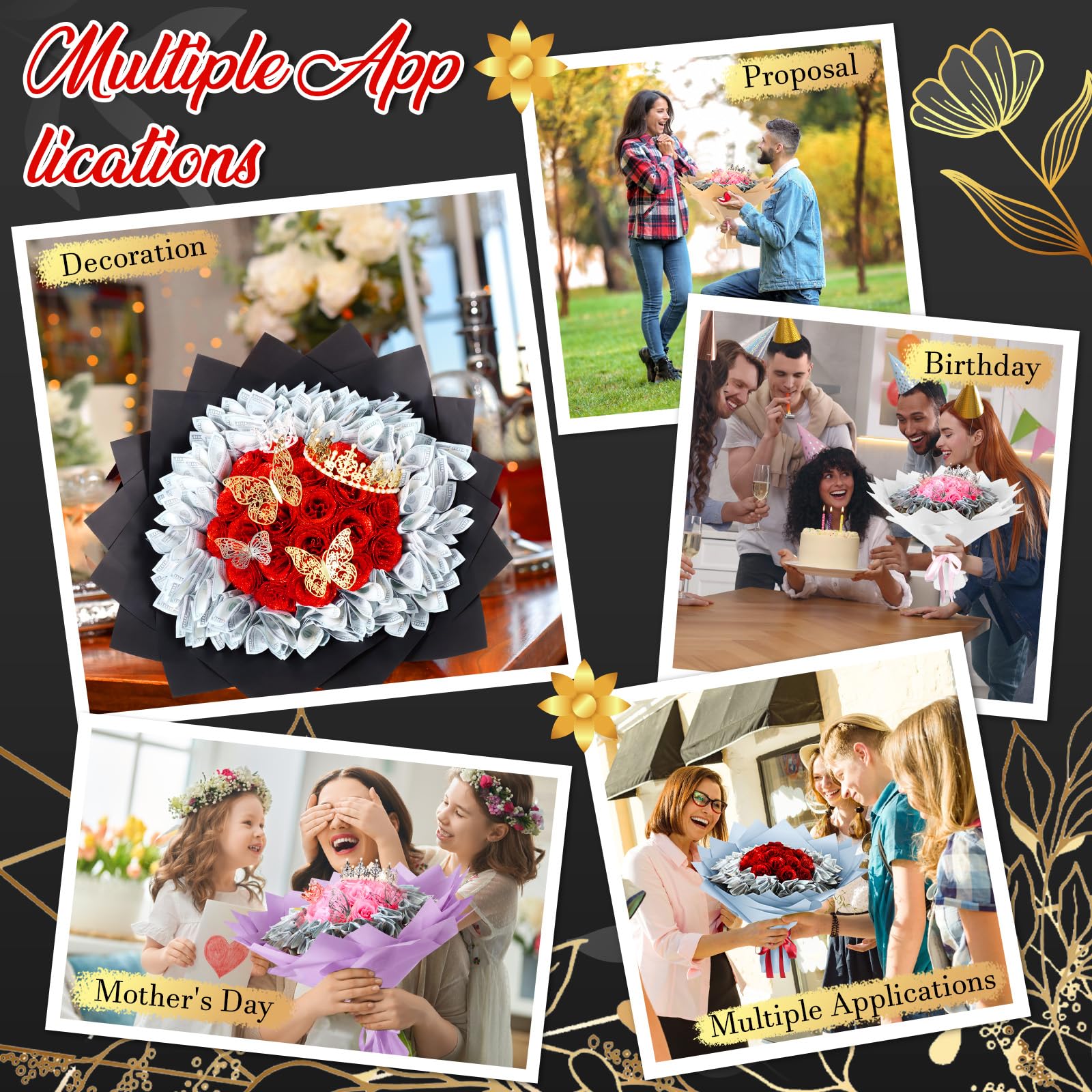 Fullhawl Kit de 48 feuilles de papier cadeau en forme de fleur, 48 papillons, 4 couronnes, 18 cartes, 150 brochettes en bambou pour anniversaire, anniversaire de mariage, remise de diplôme, mariage