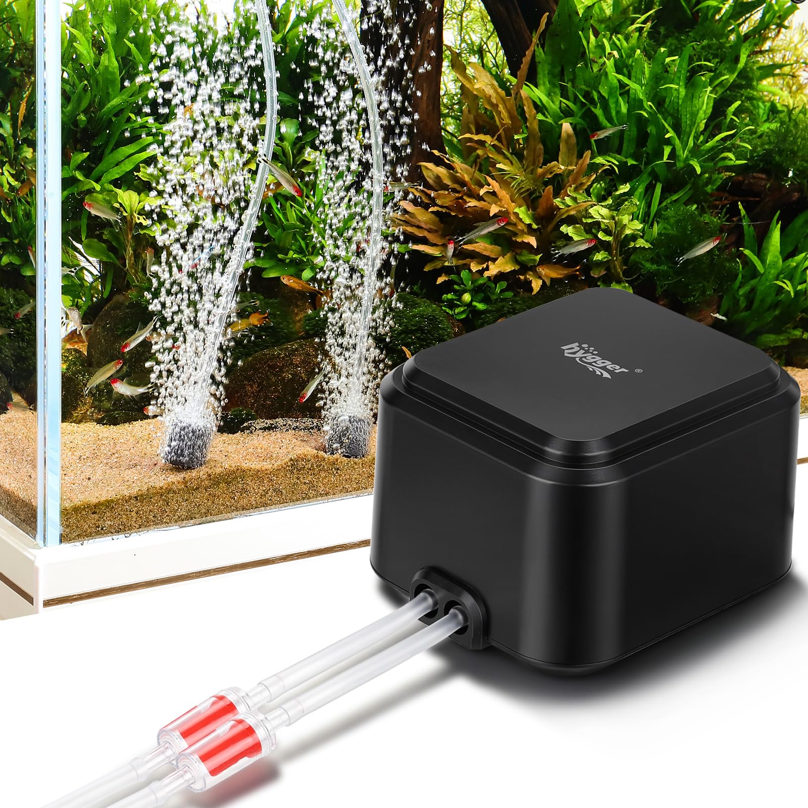 hygger Bomba de aire silenciosa para acuarios <30 dB, de oxígeno de bajo ruido ajustable para acuarios con 2 salidas de aire de ventilación silenciosa (3.5 Vatios, hasta 454 L)