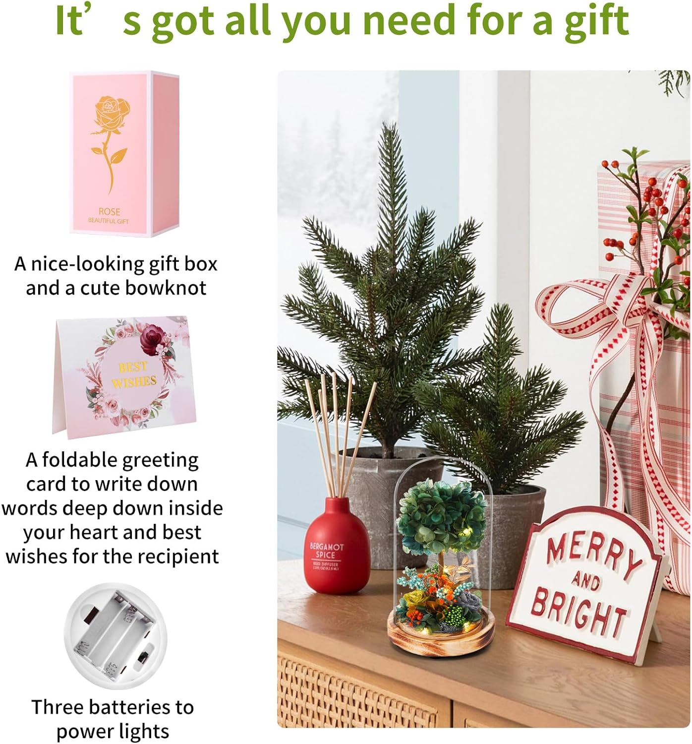 Preserved Floral Arrangement with LED Lights, 8 inches Dark Green Hydrangea Tree,Gray Green Roses and Berries, Wooden Base, for Indoor Decoration and All Occasions to Express Love - Image 5