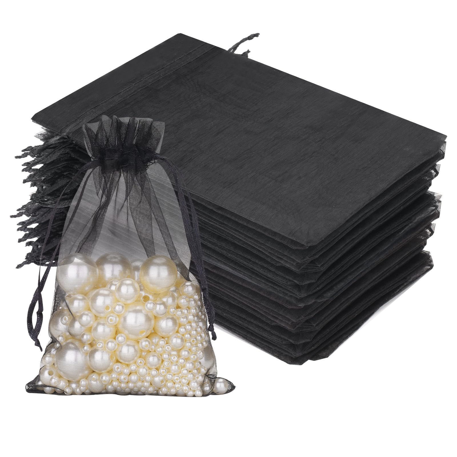 jijAcraft Woreczki z organzy ślubne czarne woreczki z organzy 10 x 15 cm, 50 sztuk ze sznurkiem, na słodycze, na biżuterię, torebki na prezenty weselne