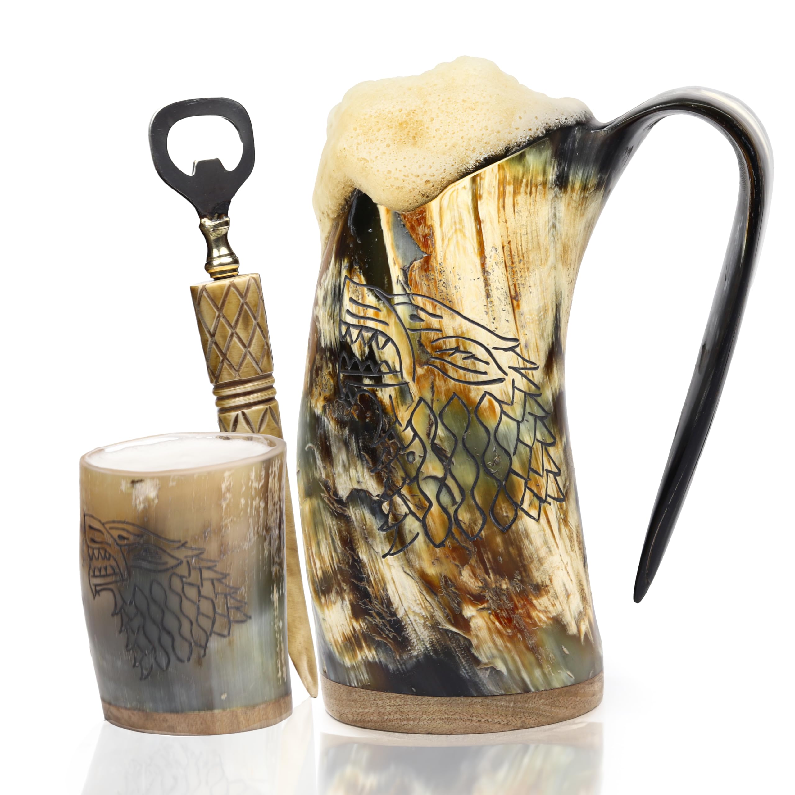 Unique Viking Drinking Horn Mug Set with Cool Shot Glass & Opener for Beer, Whiskey, ale. Ox Horn Cup, 16-20 oz for Men & Women- Ideal for Christmas, Birthday, Occasions and Home Decor. (Wolf)