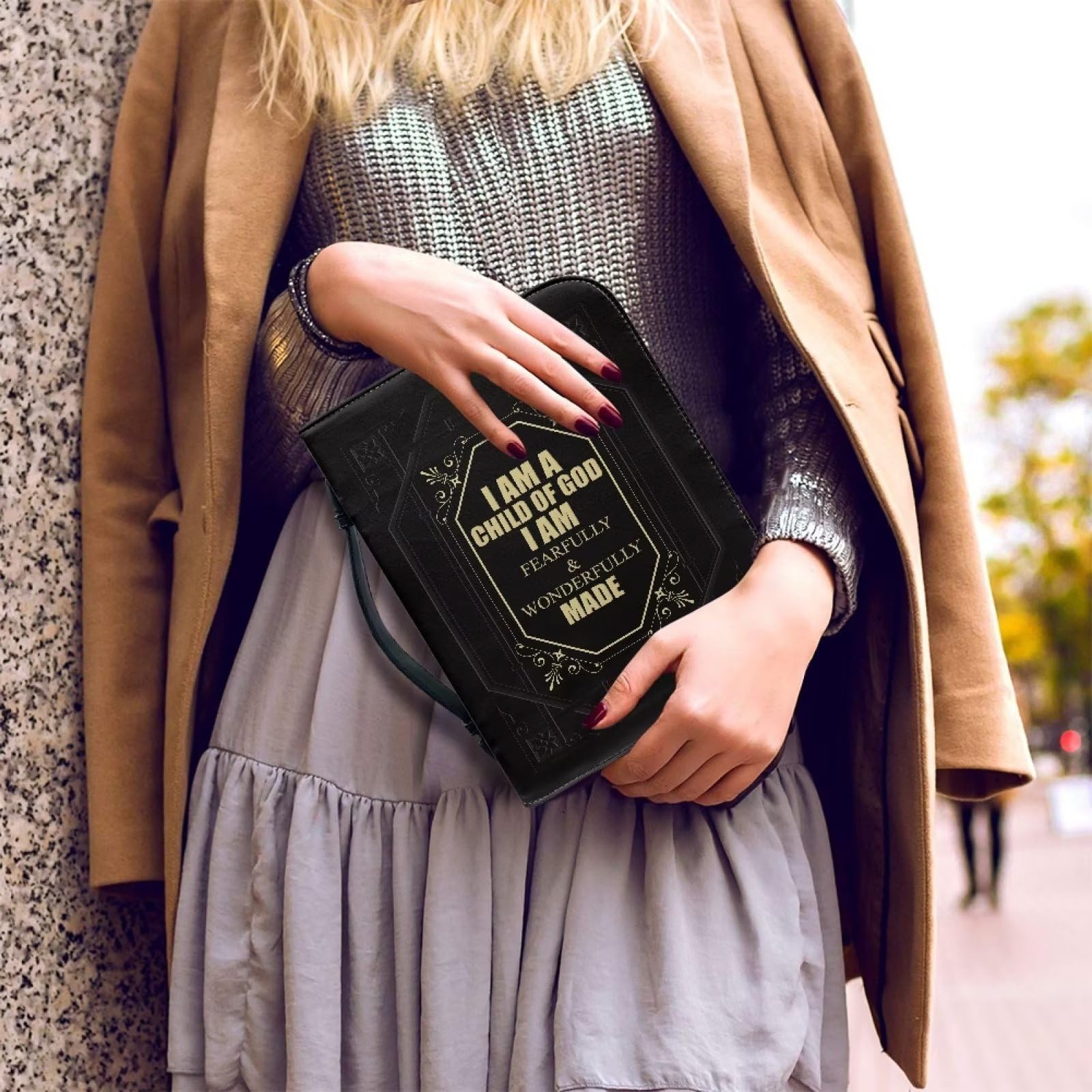 Talayituse Custodia per bibbia in ecopelle con stampa a croce per uomini, ragazzi, donne e ragazze, con scritta "I am Fearfully & Wonderfully Christian", con maniglia per il trasporto, custodia
